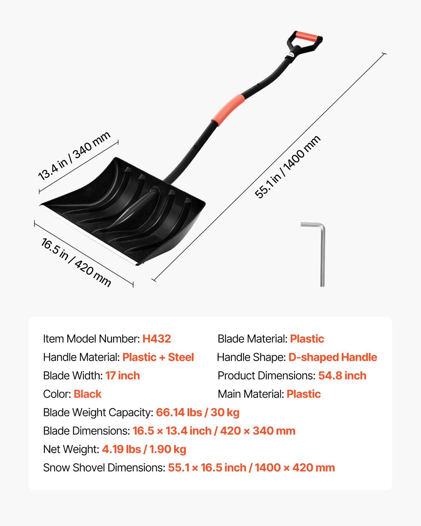 Snow Shovel for Driveway, 17 in Wide Plastic Snow Shovel with D-shaped Handles & Aluminum Blade, Large Capacity Snowplow Shovels, Lightweight Snows Removal Tool for Garden Car Camping