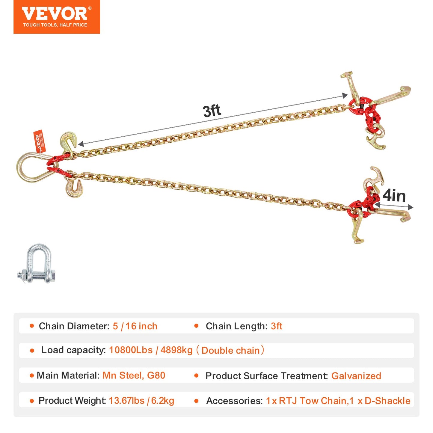 G80 V Bridle Chain, 5/16" x 3' Towing Chain Bridle with R Hooks, T Hooks, J Hooks and Grab Hooks, Transport Tow Chain Bridle with 10800 lbs Safe Working Load for Flatbed Truck Wrecker Recovery