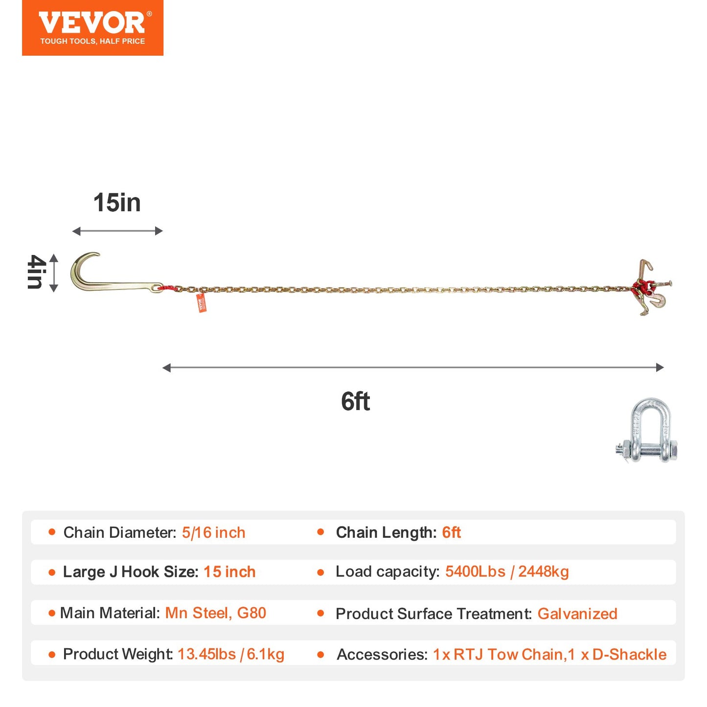 J Hook Chain, 5/16" x 6' G80 15" Long Shank J Hook Tow Chain with RTJ Cluster Hook & Grab Hook, 5400 lbs Safe Working Load, Heavy Duty Transport Truck Chain for Wrecker Recovery Trailer Towing
