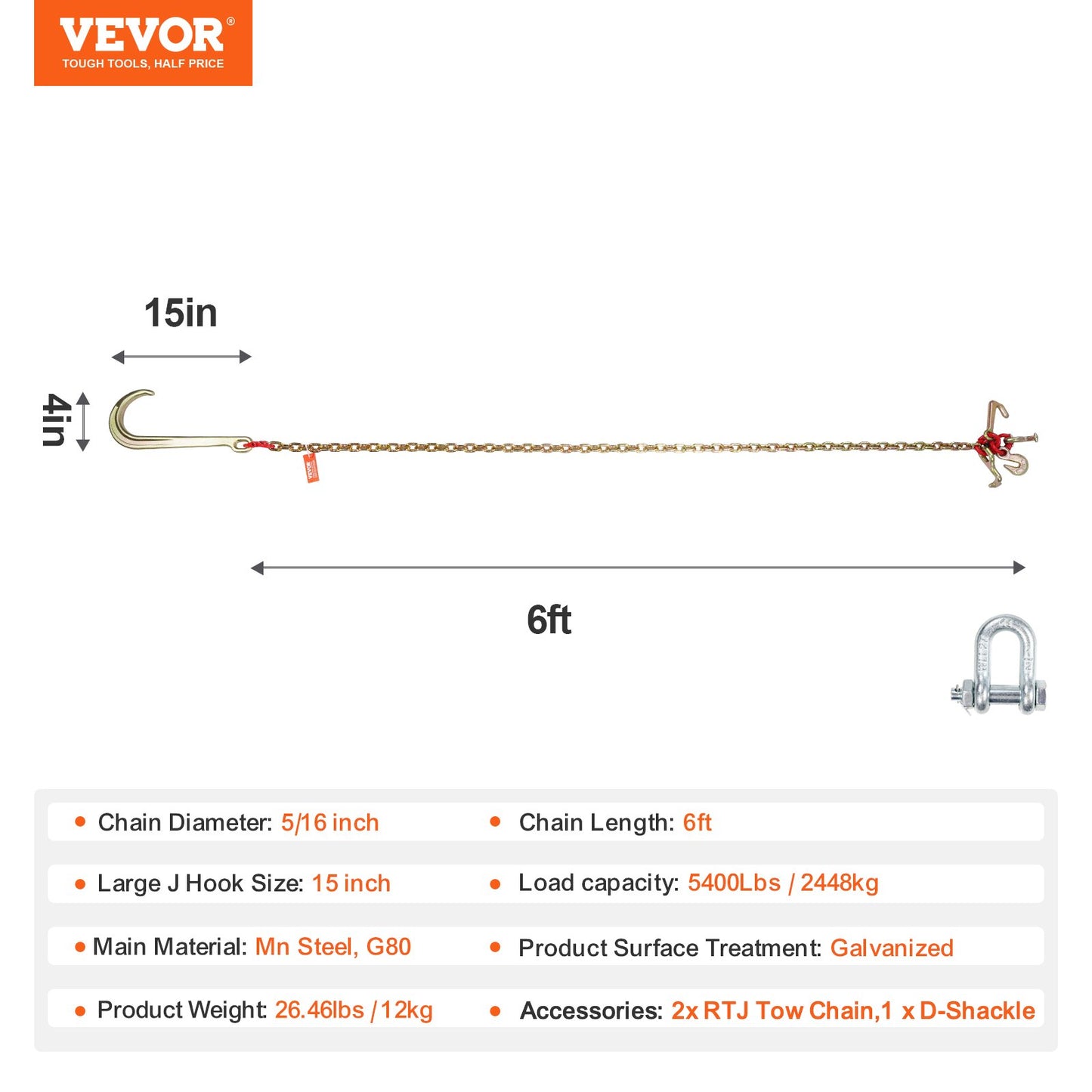 J Hook Chain, 2PCS 5/16" x 6' G80 15" Long Shank J Hook Tow Chain with RTJ Cluster Hook & Grab Hook, 5400 lbs Working Load, Heavy Duty Transport Truck Chain for Wrecker Recovery Trailer Towing