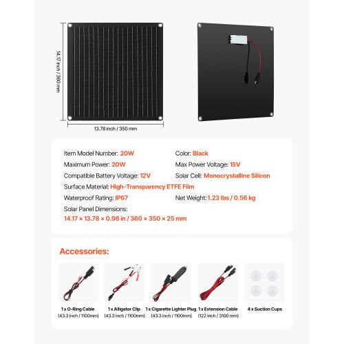 20W 12V solpanelsbatteriladdare, solcellsbatteriunderhållsladdare med inbyggd smart styrenhet och 3 anslutningskablar, IP67 vattentät bärbar för husbil, motorcykel, båt, minibuss, husbil | EU