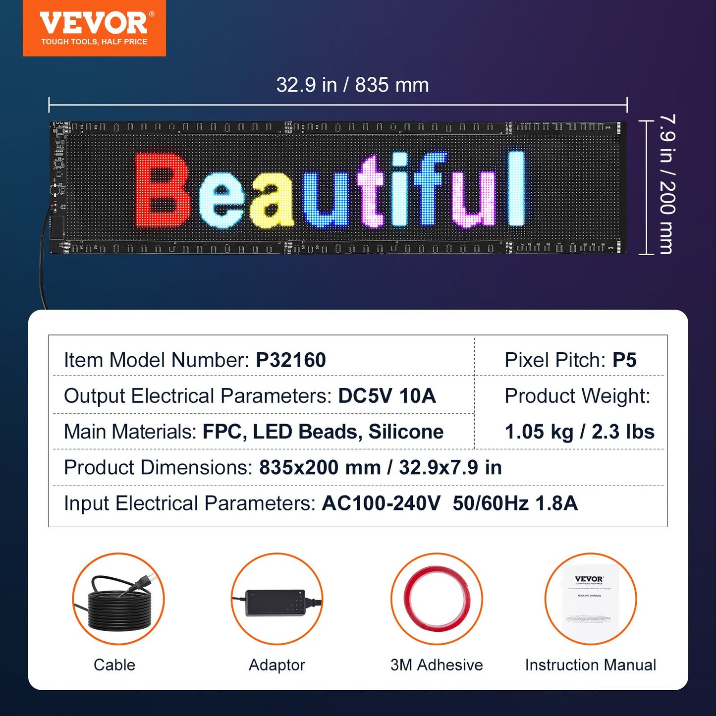 Programmable LED Sign, P5 Full Color LED Scrolling Panel, DIY Custom Text Animation Pattern Display Board, Bluetooth APP Control Message Shop Sign for Store Business Car Advertising, 32.9"x8"