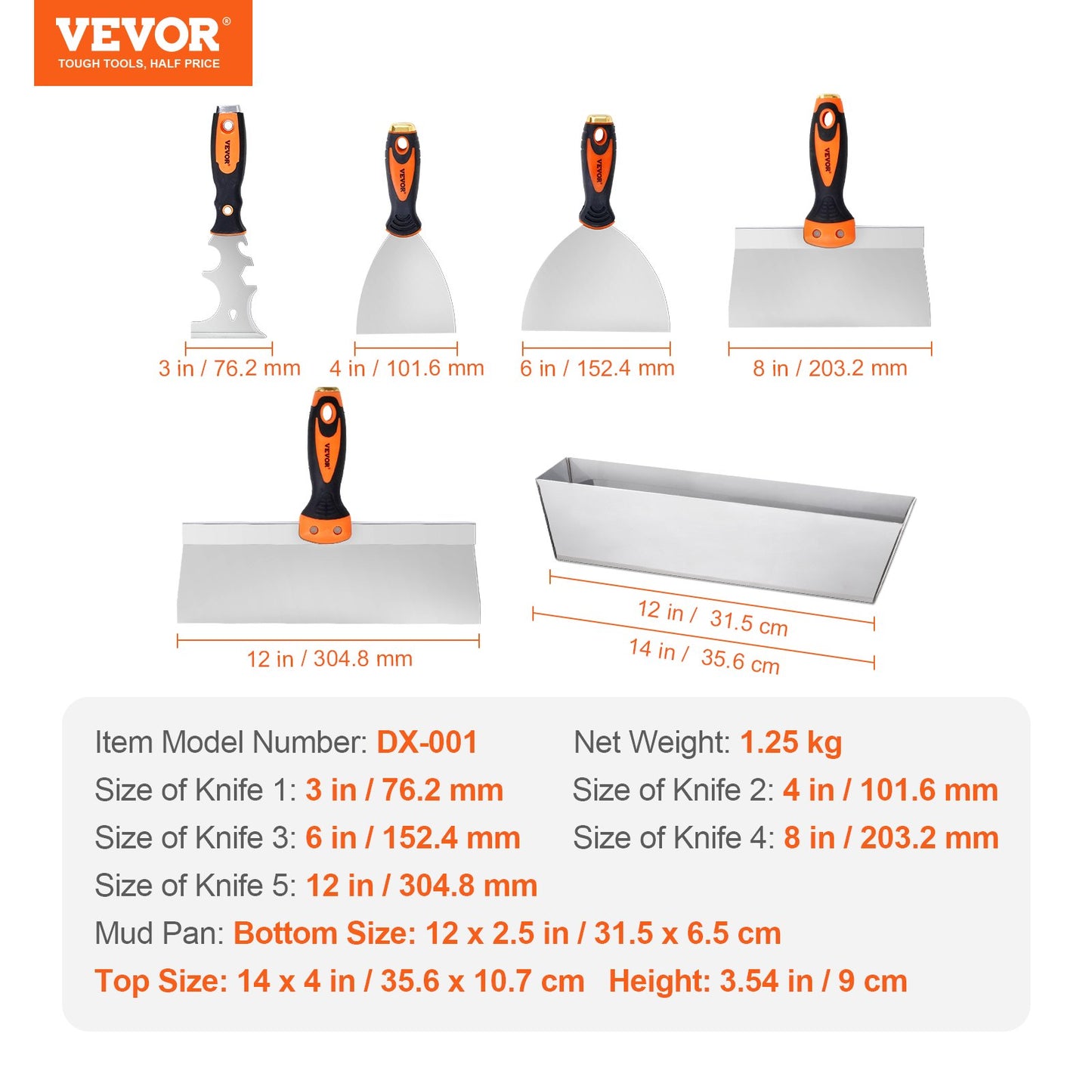 Drywall Knife Set, 6 PCS Drywall Tools Includes 3" Painter Scraper, Two Putty Knives, Two Taping Knives and 12" Mud Pan, Stainless Steel Spackle Tool, Drywall Finishing Tools for Home