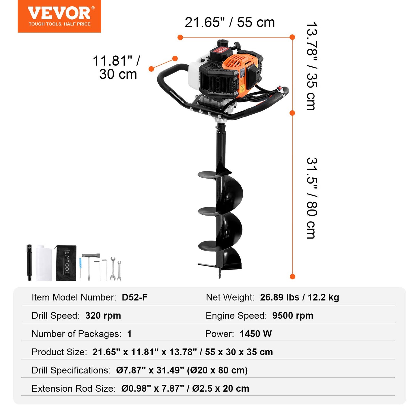Post Hole Digger Gas Powered, 52CC 1450W Earth Auger, Gas Auger with 8” Auger Drill Action Design Bits & 1 Extension Rod, Post Fence Hole Digger for Farmland Garden Plant, Orange+Black