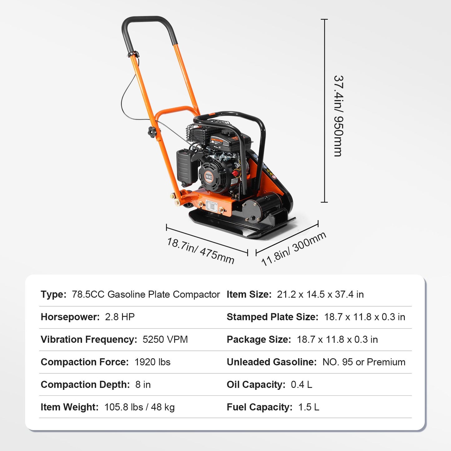 Plate Compactor, 2.8 HP 98CC Gas Engine 5,250 RPM, 1,920 lbs Force Vibratory Compaction Tamper with 18.7 x 11.8 inch Plate for Walkways, Patios, Asphalts, Paver Landscaping, EPA Compliant