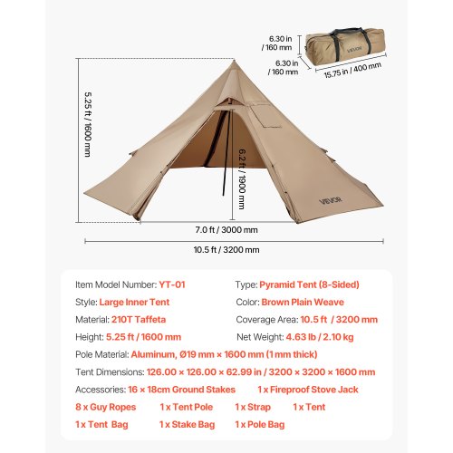 Tipi Heated Tent with Stove Outlet Waterproof Portable for 2 People Camping | EU