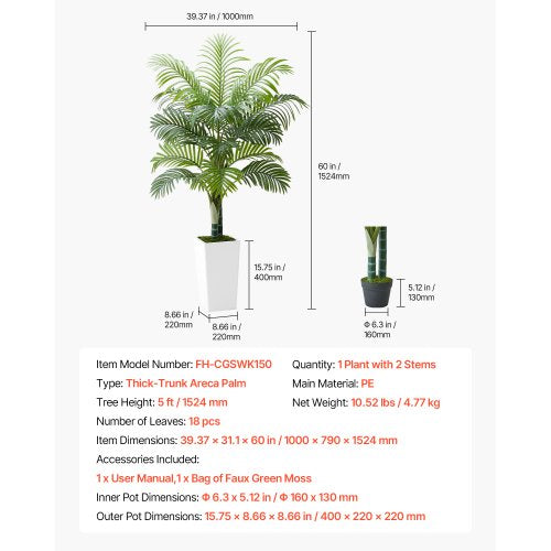 1524 mm künstliche Areca-Palme mit weißem Topf für den Innenbereich | EU
