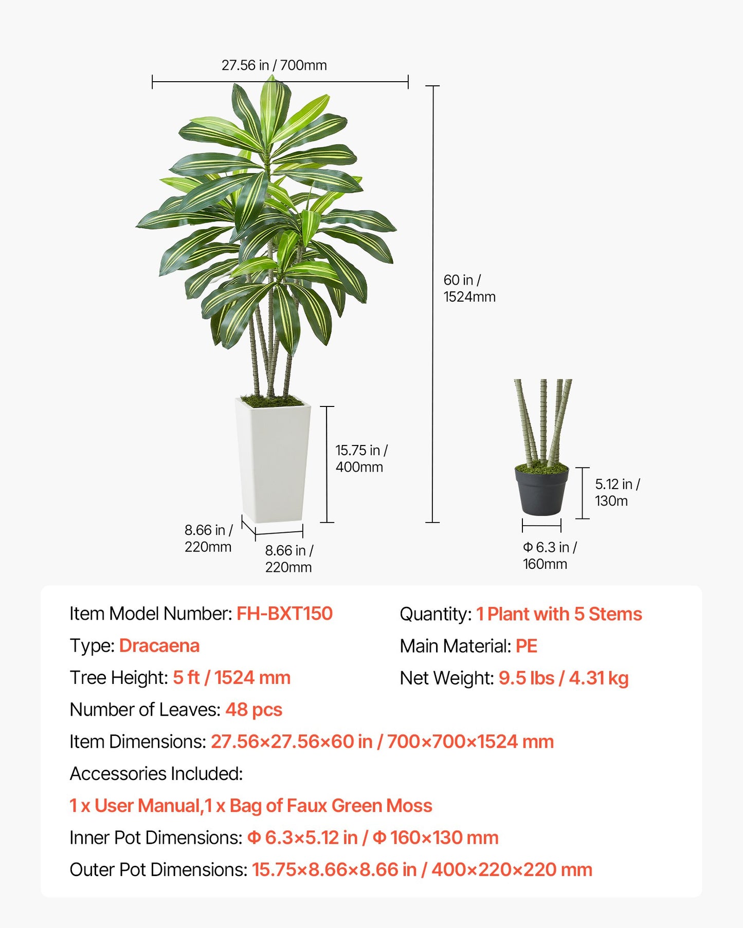 Artificial Dracaena Tree 5 ft, Fake Palm Tropical Plants with White Tall Planter, Faux Floor Silk Plant in Pot, Large Trees for Home Office Living Room Decor House Warming, Indoor Outdoor