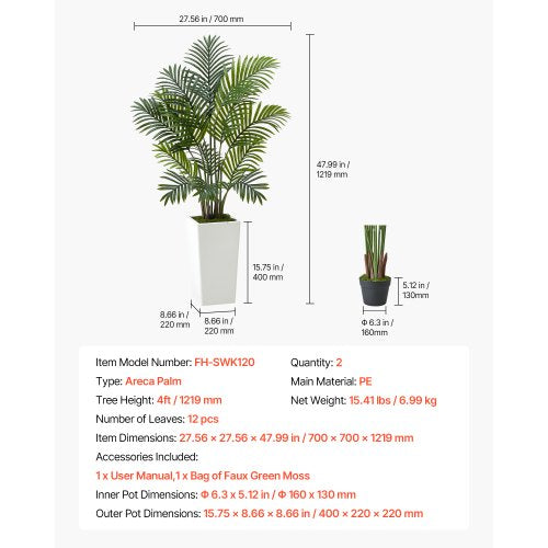 1219 mm 2-pack konstgjorda Areca-palmer med vit kruka för inomhusbruk | EU