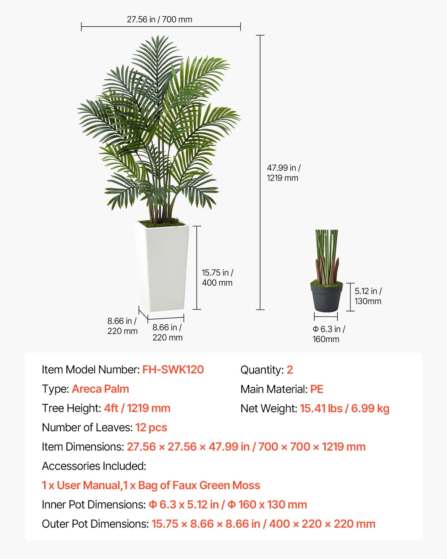 Artificial Areca Palms 4 ft, 2 Pack Fake Palm Tropical Plants with White Tall Planter, Faux Floor Silk Plant in Pot, Large Tree for Home Office Living Room Decor House Warming, Indoor Outdoor