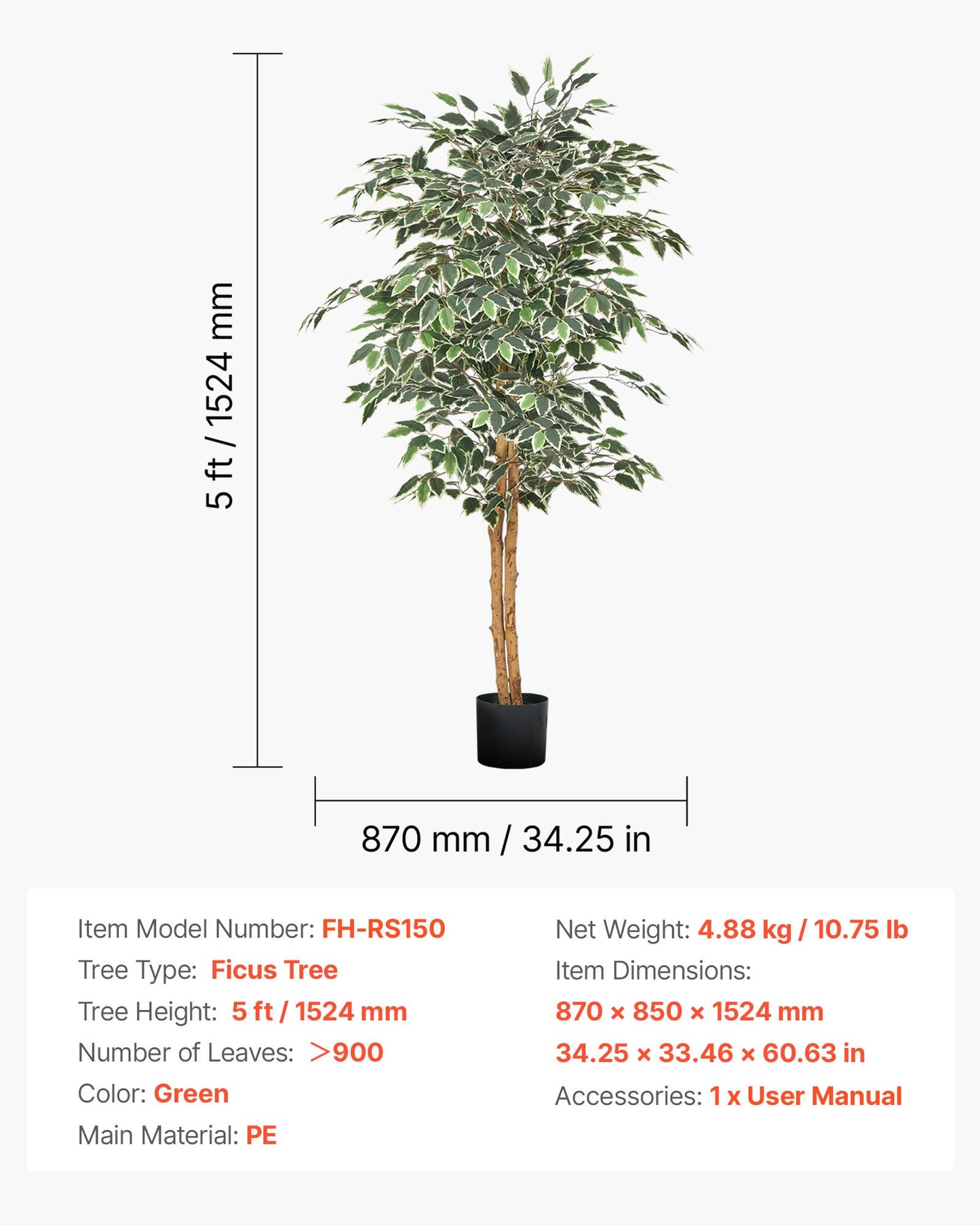 5FT Artificial Ficus Tree with Black Pot, Tall Faux Ficus Plant with Natural Wood Trunk and Realistic Green Leaves, Indoor Fake Silk Tree for Home, Office, Living Room, or Corner Décor