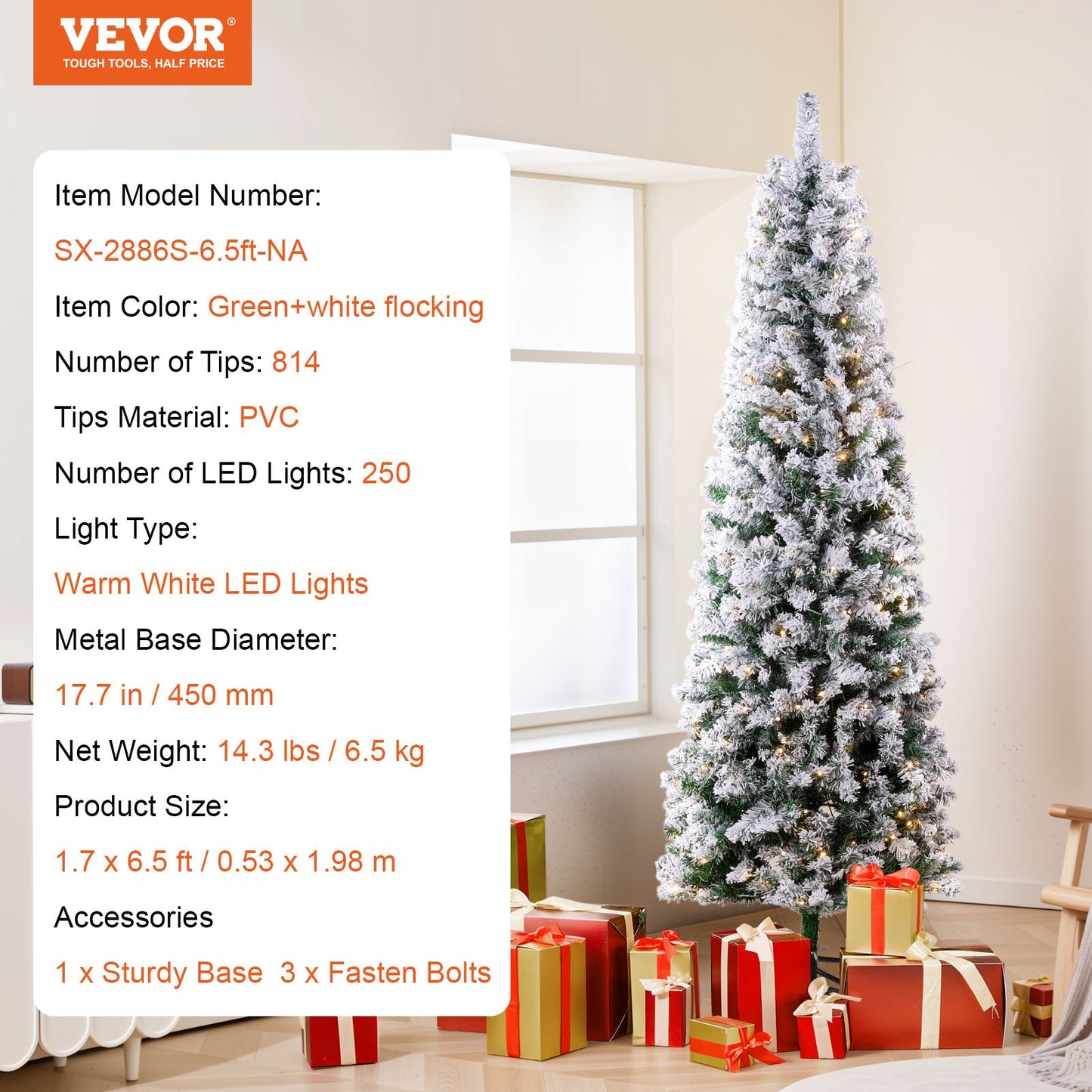 Christmas Tree, 6.5ft Prelit Flocked Artificial Tree, Full Holiday Xmas Tree with 250 White LED Lights, 814 Branch Tips, Metal Base for Home Party Office Decoration