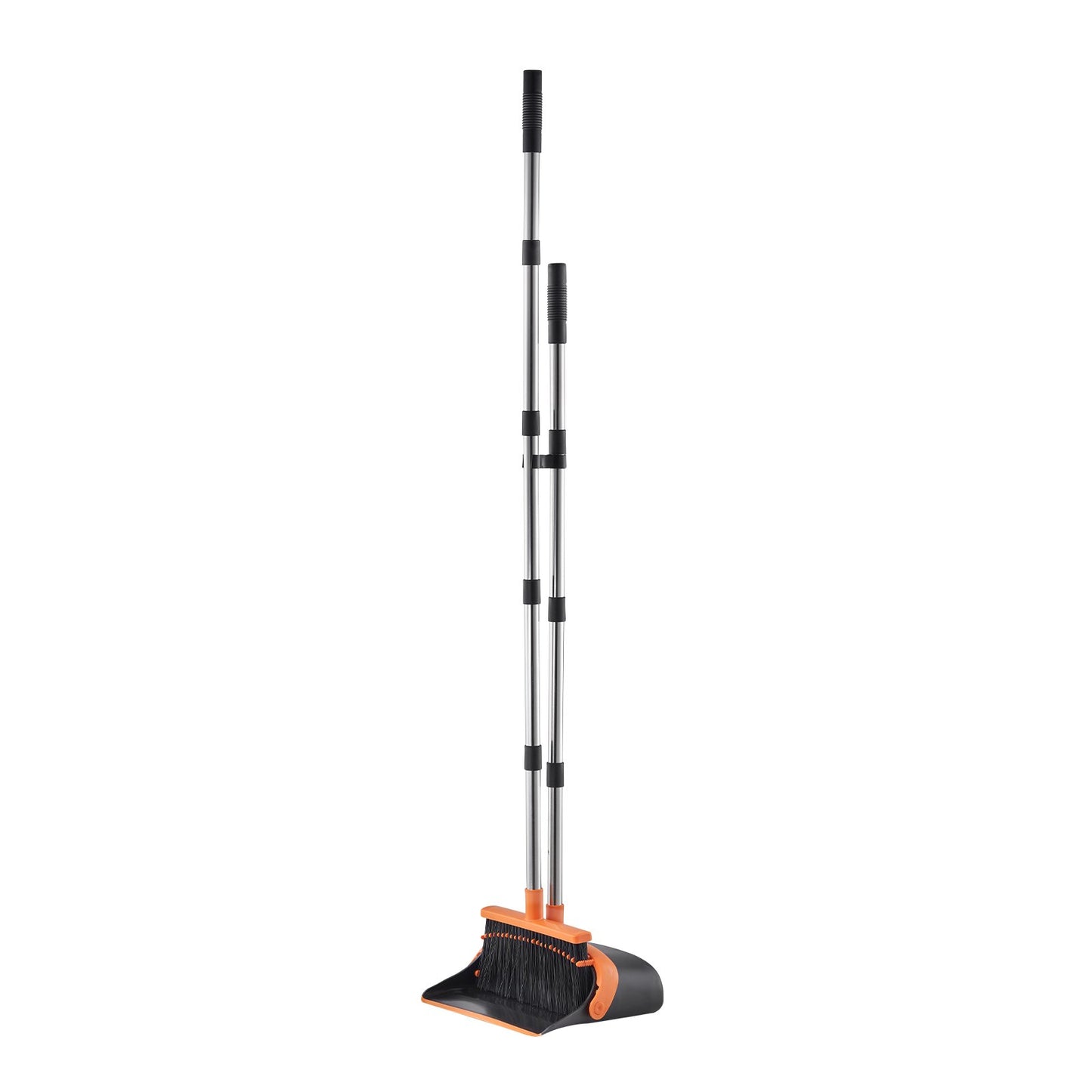 Broom and Dustpan Set, Heavy Duty Dustpan and Broom Combo with Self-Cleaning Teeth, Metal Upright Standing Dust Pan with Long Handle, Ideal for Home, Restaurant, Office, Dorm, Black+Orange