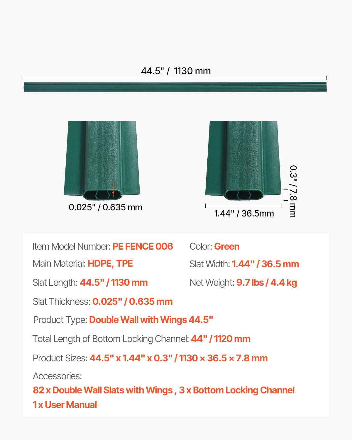 Bottom Locking Privacy Slats, Double-Wall Vertical Bottom-Locking Slats with Wings for Chain-Link Fence, High-Density HDPE Chain Link Slats Ideally Fit 4' High Fence for Garden and Farm(Green)