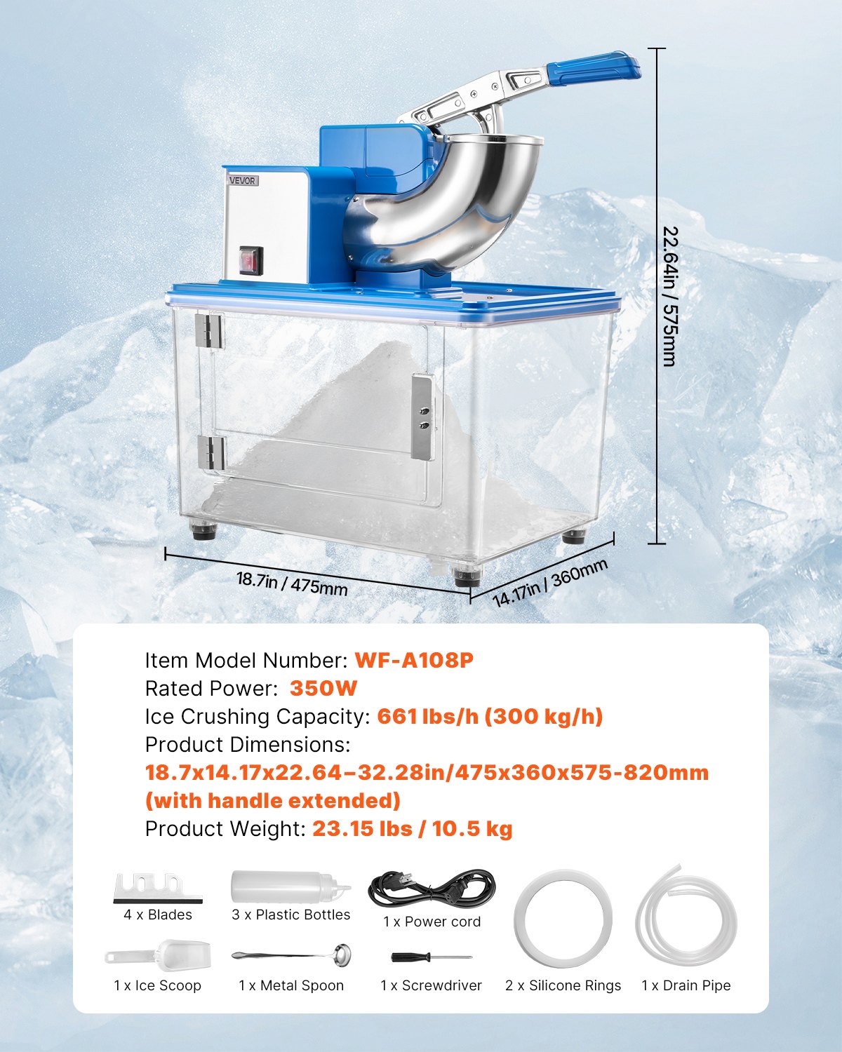 Commercial Ice Crusher 661LBS/H, 350W Electric Snow Cone Machine with 4 Blades, 2000RPM Stainless Steel Shaved Ice Machine with 11 Gal Crushed-Ice Box, for Family Restaurants Bars, Blue
