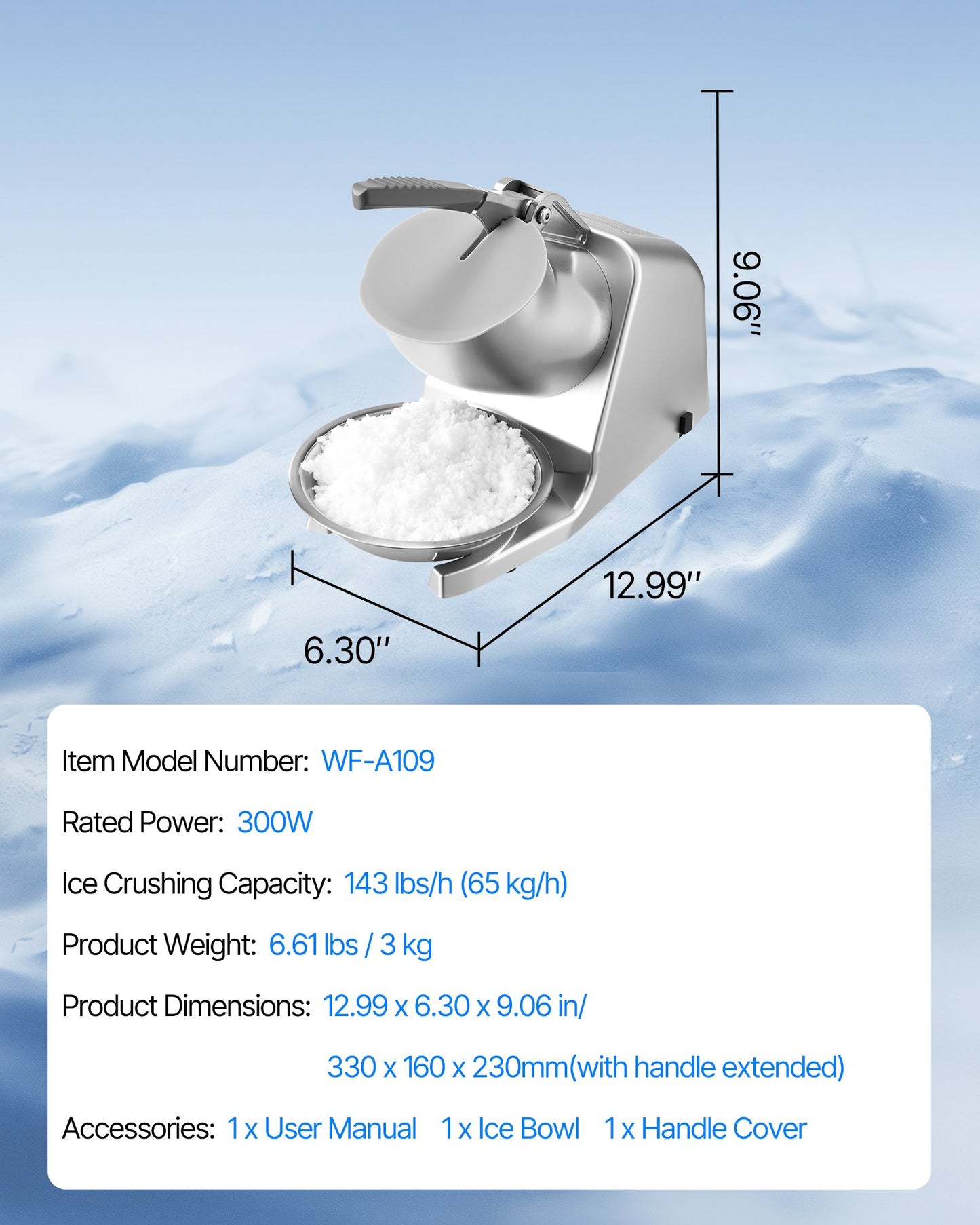 Ice Crusher Machine, 143lbs Per Hour Electric 2 Blades Snow Cone Maker, Stainless Steel Shaved Ice Machine with Bowl and Cover, 300W 2000RPM Ice-Shaver for Home and Commercial Use, Silver