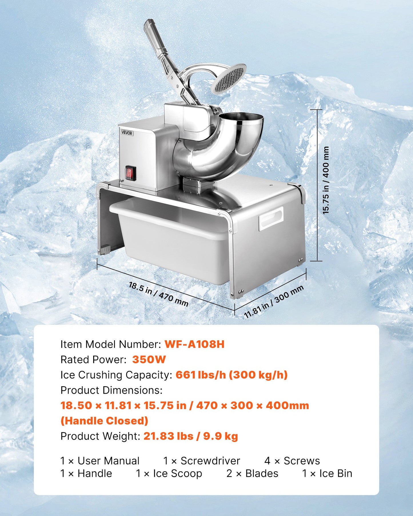Commercial Ice Shaver Machine, 661 LBS/H Electric Ice Crusher with Replaceable Container, 350W Premium Motor, 4 Blades, Shaved Snow Cone Machine Ice Maker for Dessert Shop Bar Party, Silver