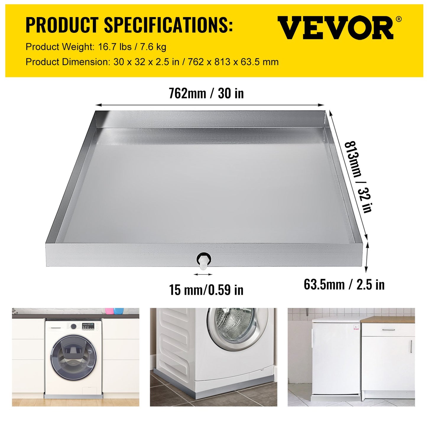 32 x 30 x 2.5 Inch Washing Machine Pan 18 GA Thickness Galvanized Steel Heavy Duty Compact Washer Drip Tray with Drain Hole & Hose Adapter