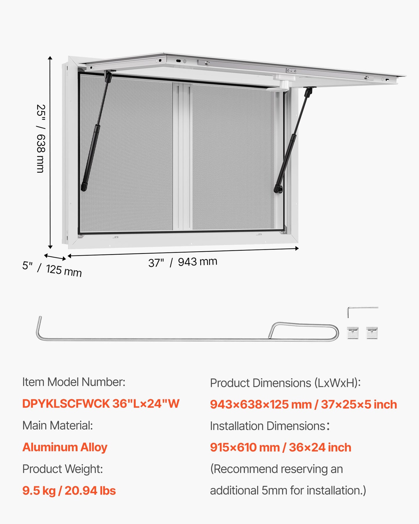 Concession Window 36x24 in, Aluminum Alloy Service Window for Food Truck, Up to 85 Degrees Stand Serving Window with 2 Sliding Windows, Awning Door, and Drag Hook, for Concession Trailers