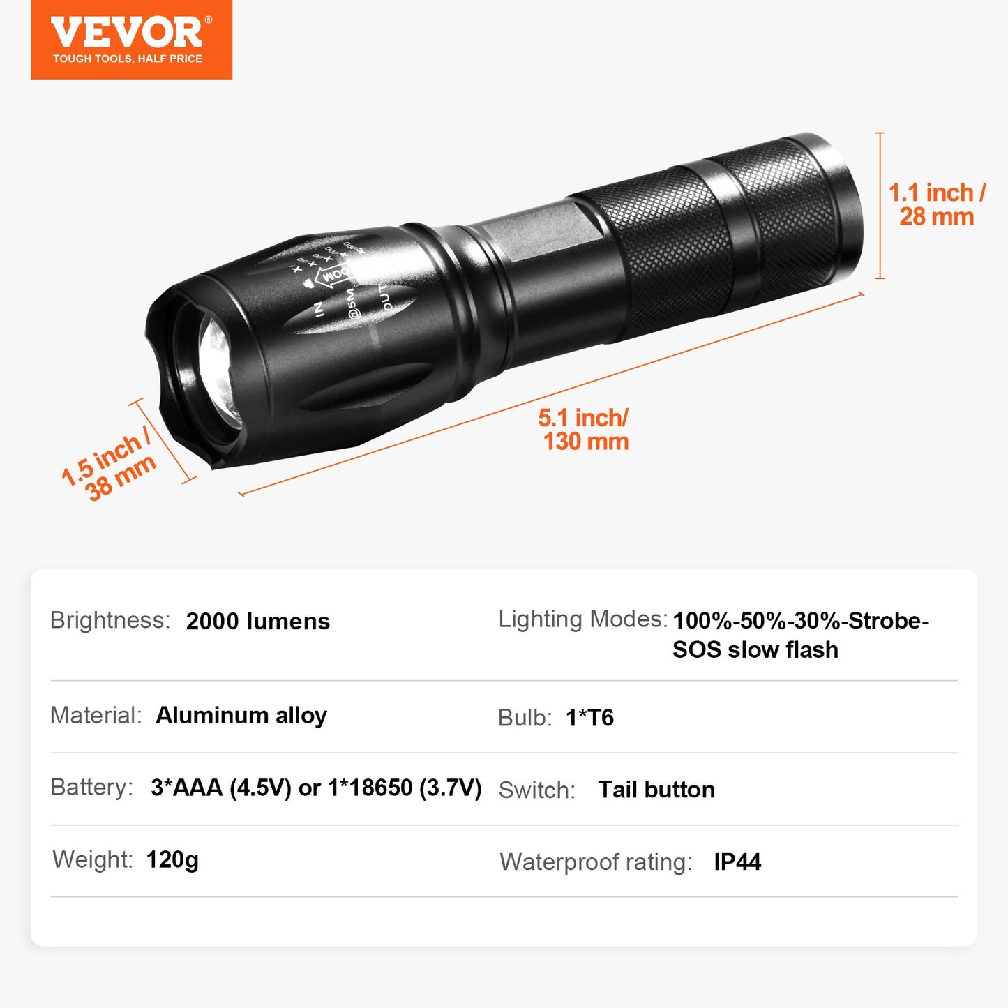 2 Pack Flashlights Torch, 2000 High Lumens 5 Modes Adjustable Focus Flashlight, IP44 LED Waterproof Handheld Flashlight for Camping Cycling Hiking Fishing Emergency