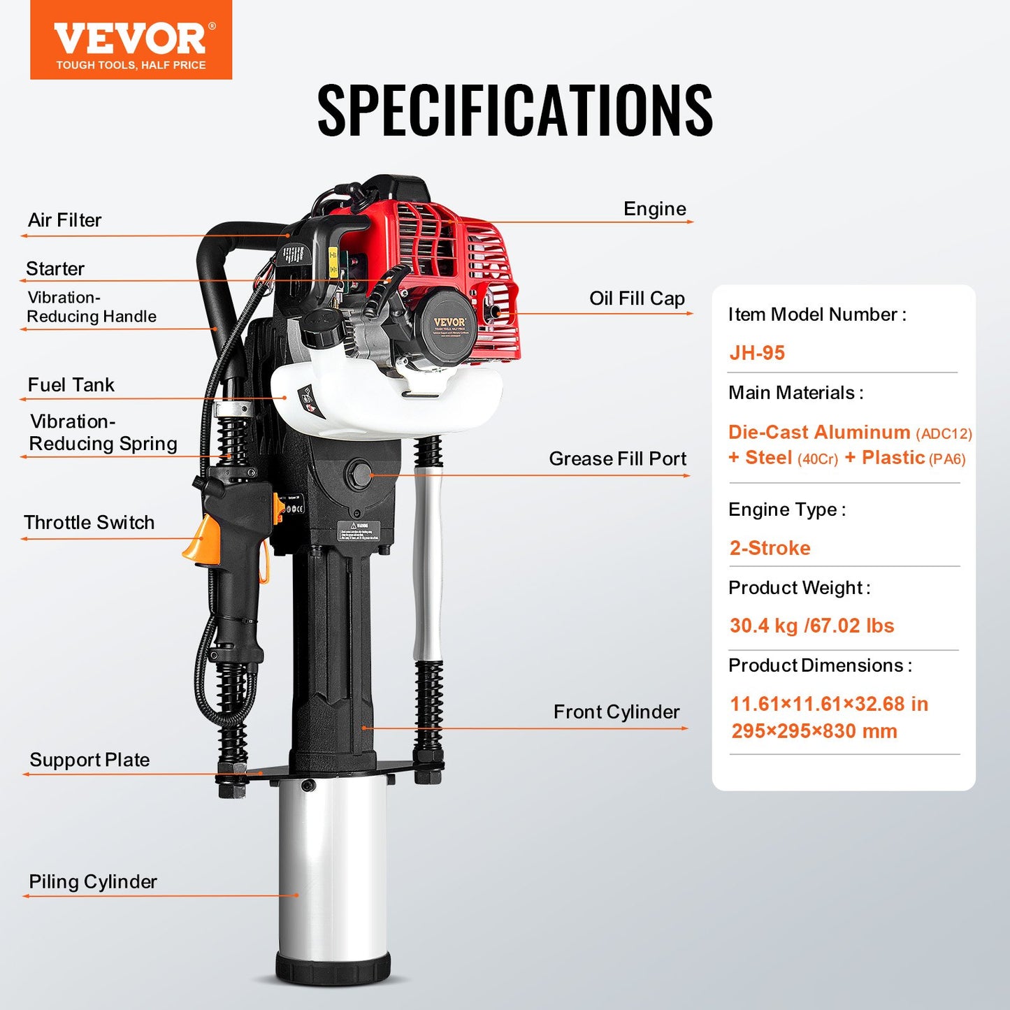 52cc Gas-Powered T Post Driver, 2-Stroke Engine Gasoline Fence Piling Pounder, 1300W Portable Piledriver with 3 Post Driving Head(49/69/100 mm) , For Farm, Ranch Fencing, Road Improvements