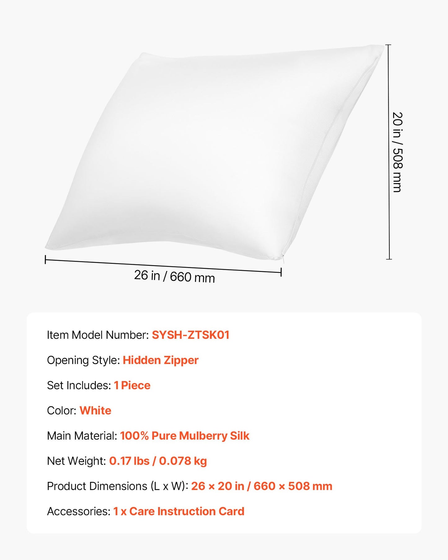 Silk Pillowcase, 100% Pure Mulberry Silk Pillow Case, 26 in x 20 in Standard Silky Pillow Case for Hair and Skin, Smooth, Soft and Breathable Pillowcase with Hidden Zipper, for Sleeping (White)