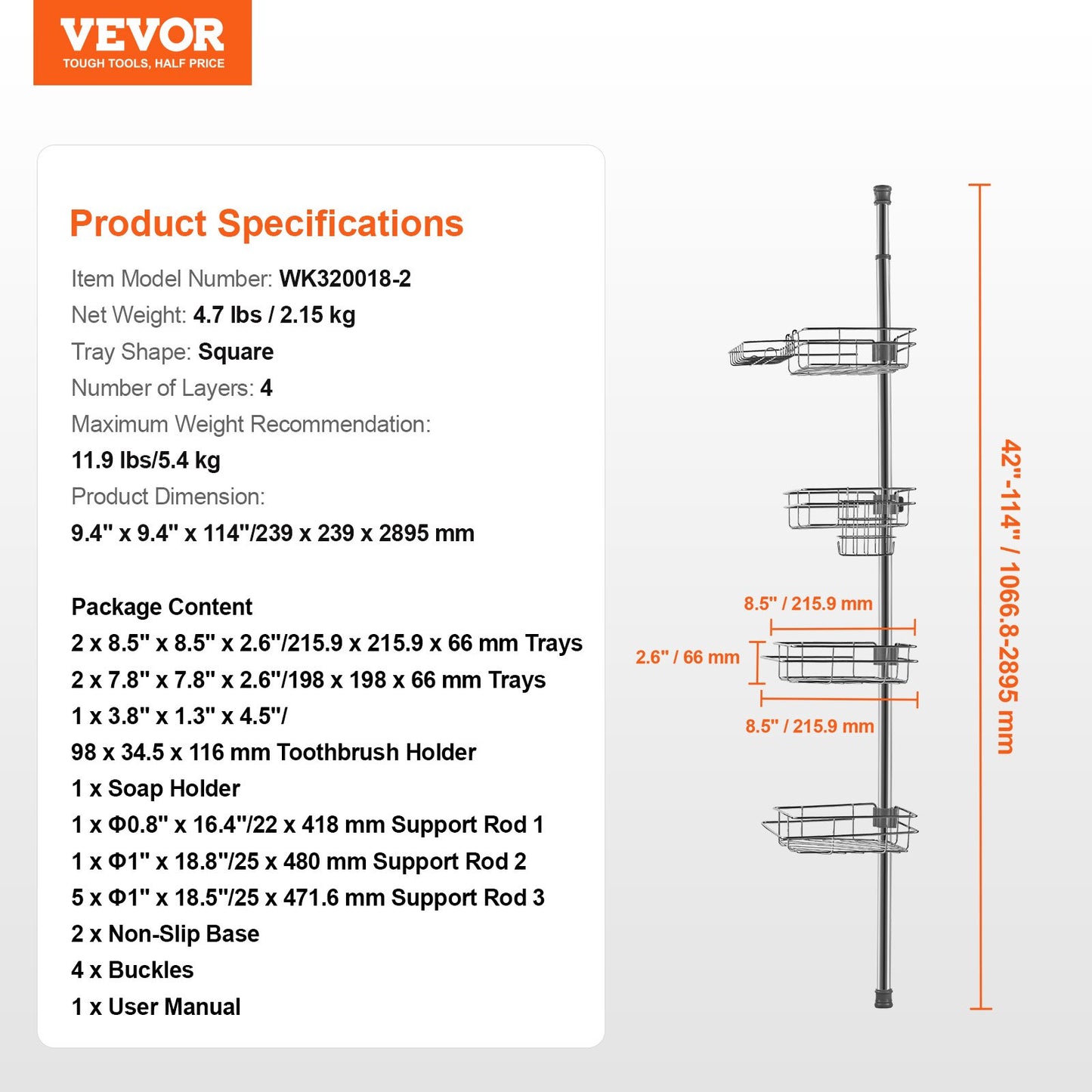 Shower Corner Caddy Tension Pole, 42" to 114" High, Multi-Functional Shower Tension Pole with Strong Load-Bearing Tray, Rust-Proof Easy-to-Install Tension Pole, Fit for Bathroom & Washroom