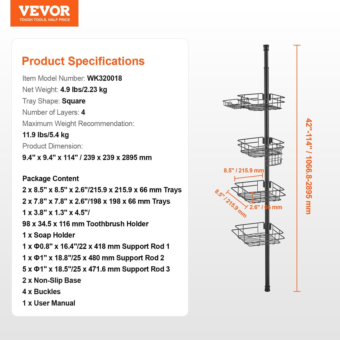 Shower Corner Caddy Tension Pole, 42" to 114" High, Multi-Functional Shower Tension Pole with Strong Load-Bearing Tray, Rust-Proof Easy-to-Install Tension Pole, Fit for Bathroom & Washroom
