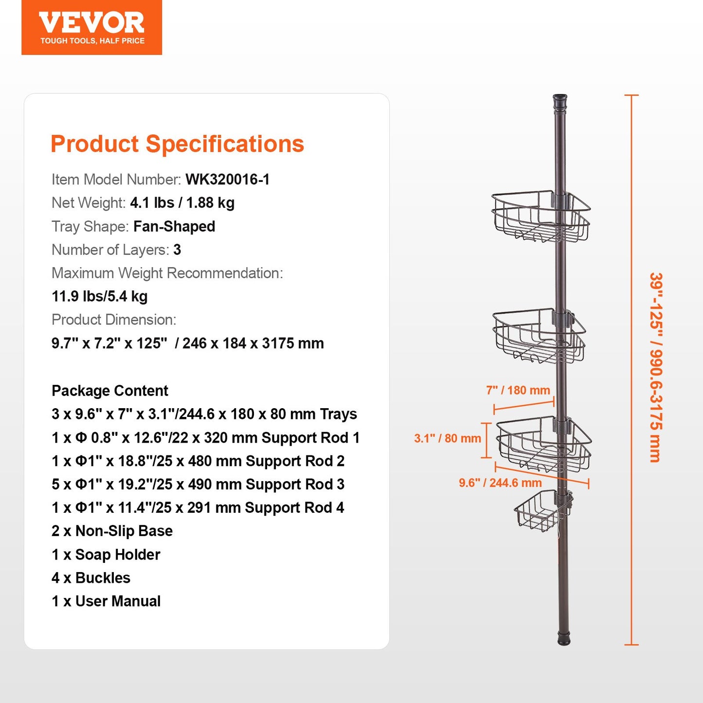 Shower Corner Caddy Tension Pole, 39" to 125" High, Multi-Functional Shower Tension Pole with Strong Load-Bearing Tray, Rust-Proof Easy-to-Install Tension Pole, Fit for Bathroom & Washroom
