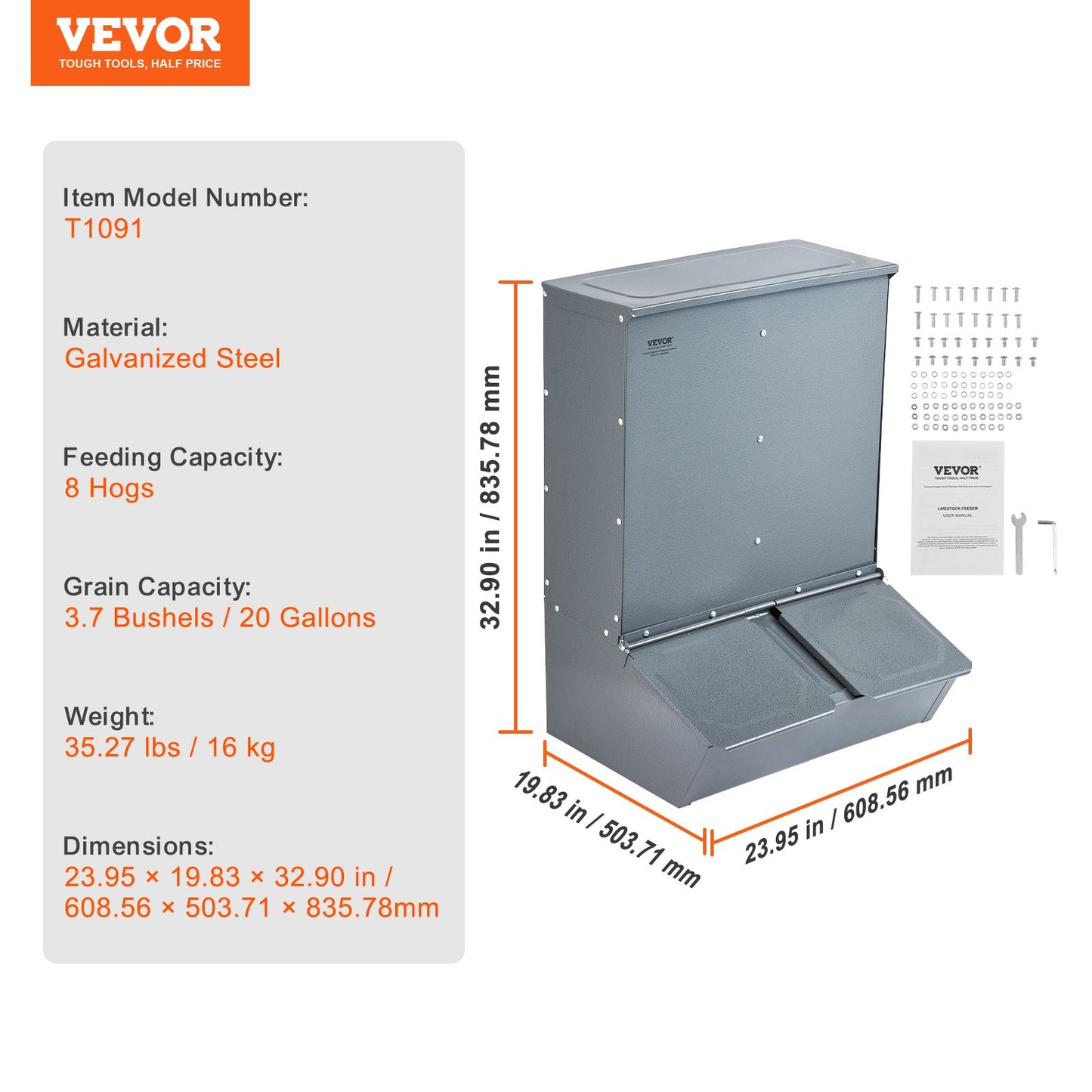 Hog Feeder, 3.7 Bushel Capacity, Double Door Pig Feeder, Heavy Duty Steel Piglets Feeder, Multipurpose Trough Creep Feeder, Outdoor Livestock Feeder Farm Accessory for Feeding up to 8 Hogs