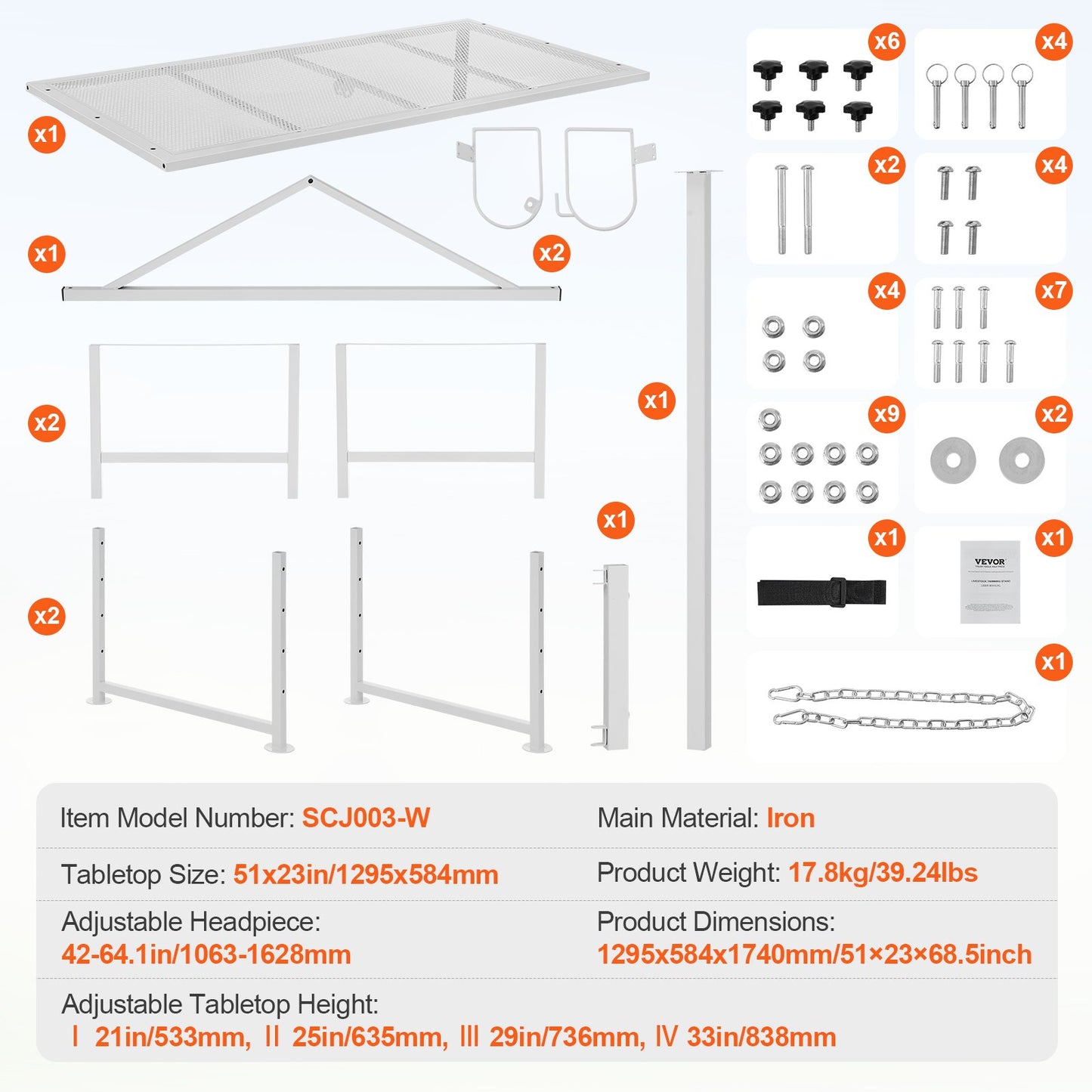Goat & Sheep Stand, 51x23 inch Livestock Stand, Metal Livestock Milking and Shearing Stand 21" to 33" Adjustable Height, with Headpiece and Nose Loop, 500lbs Loading Weight, White