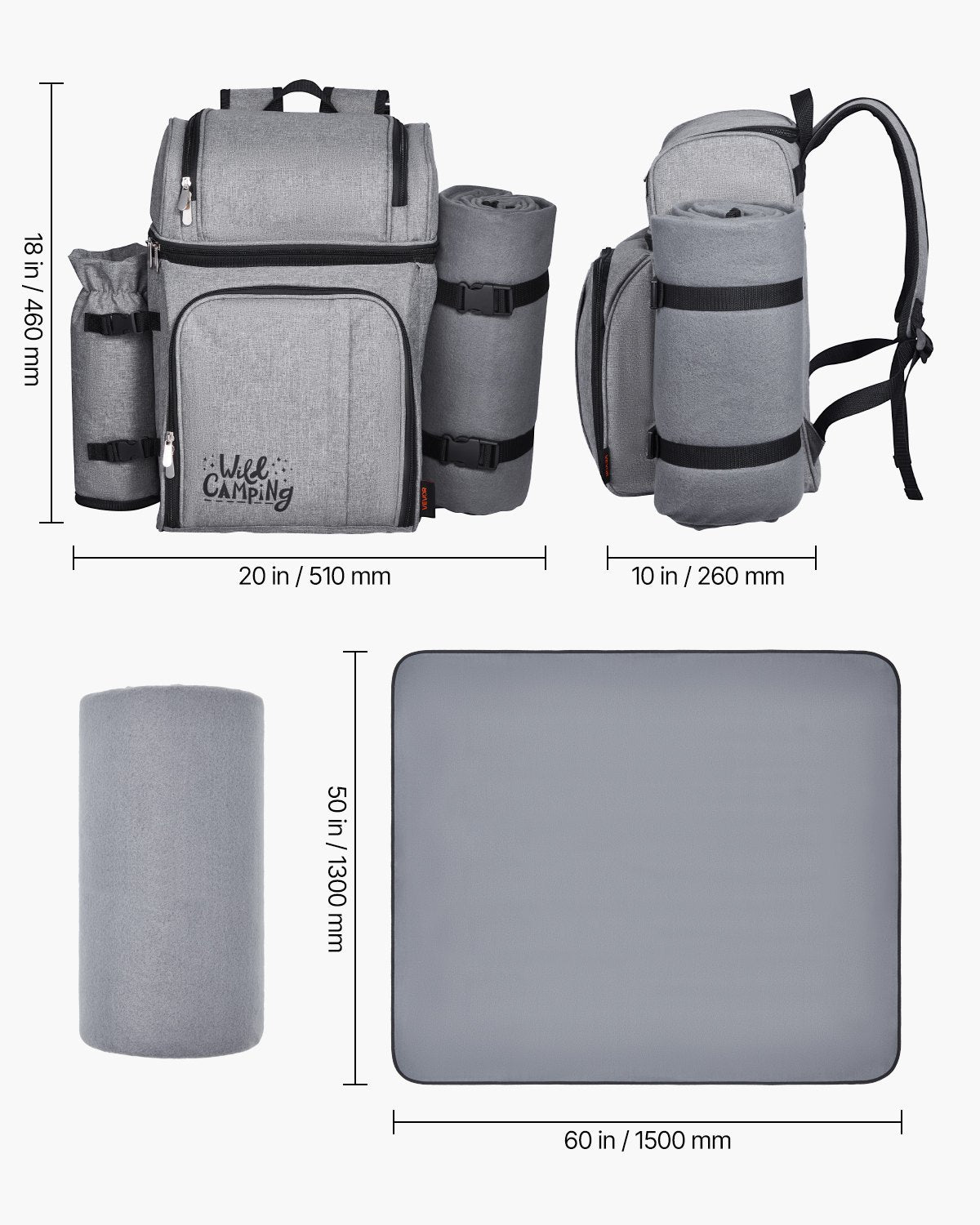 Picnic Backpack, Beach Picnic Backpack Bag for 4 Person with Insulated Cooler Compartment, Detachable Bottle/Wine Holder, Lightweight Blanket, Plates and Cutlery Set for Hiking & Camping, Grey