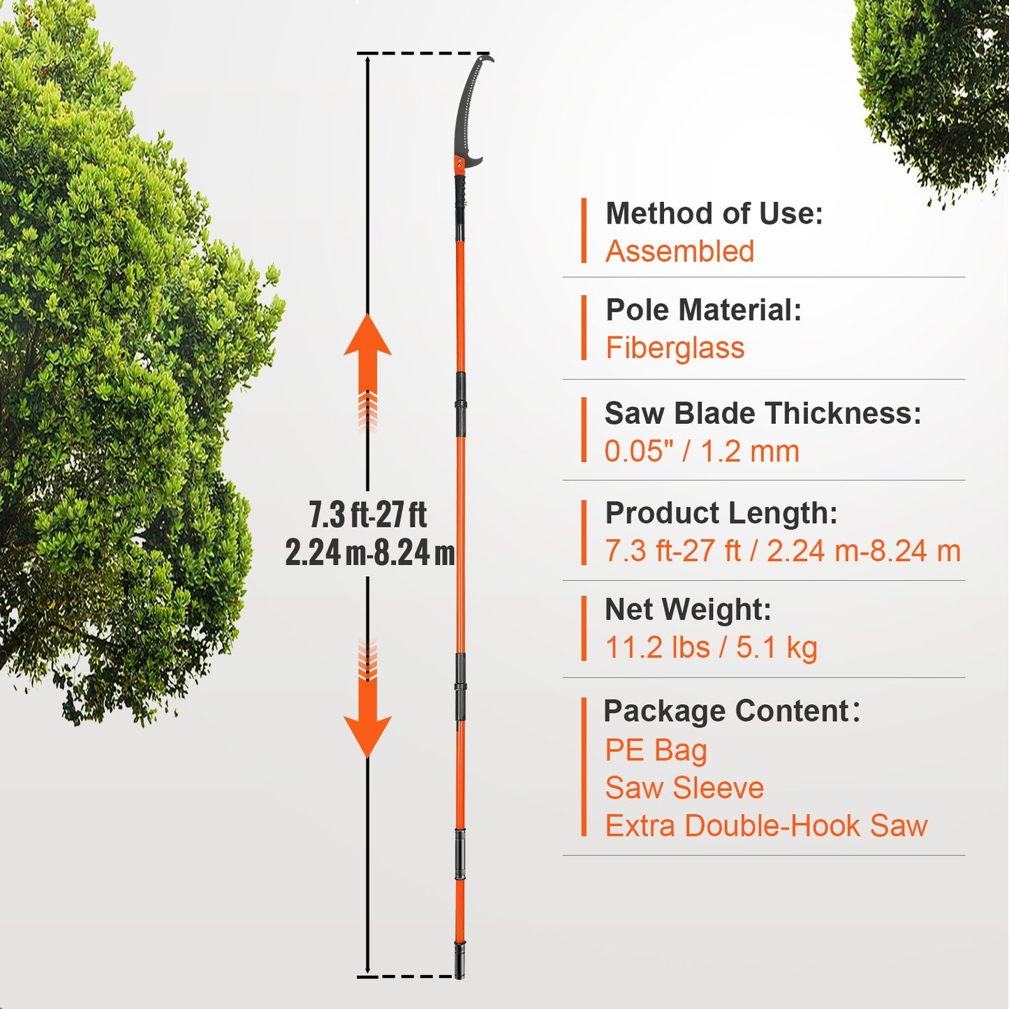Manual Pole Saw, 7.3-27 ft Extendable Tree Pruner, Sharp Steel Blade High Branches Trimming, Manual Branch Trimmer with Lightweight 8 Fiberglass Handles, for Pruning Palms and Shrubs