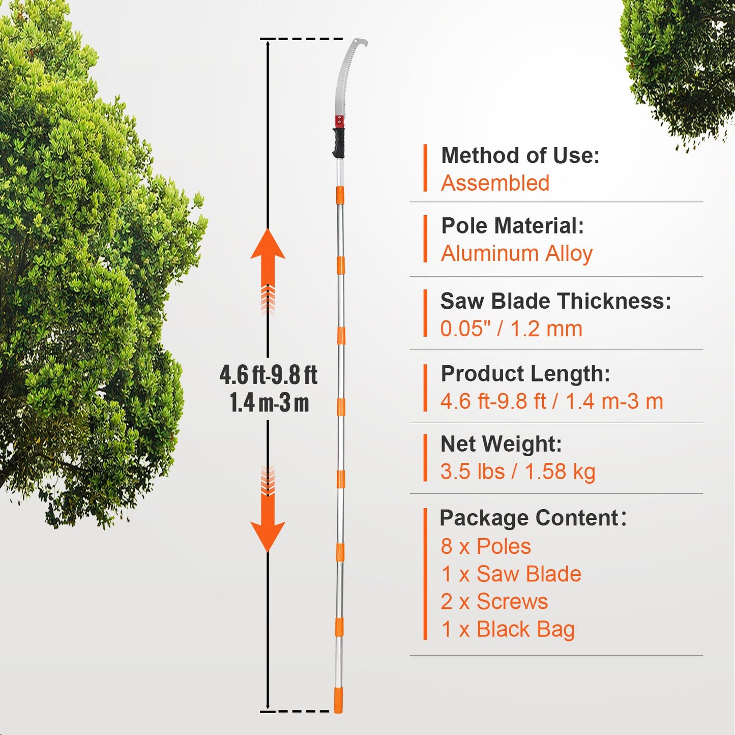 Manual Pole Saw,4.6-9.8 ft Extendable Tree Pruner, Sharp Steel Blade for High Branches Trimming, Manual Branch Trimmer with Lightweight Aluminum Alloy Handle, for Pruning Palms and Shrubs
