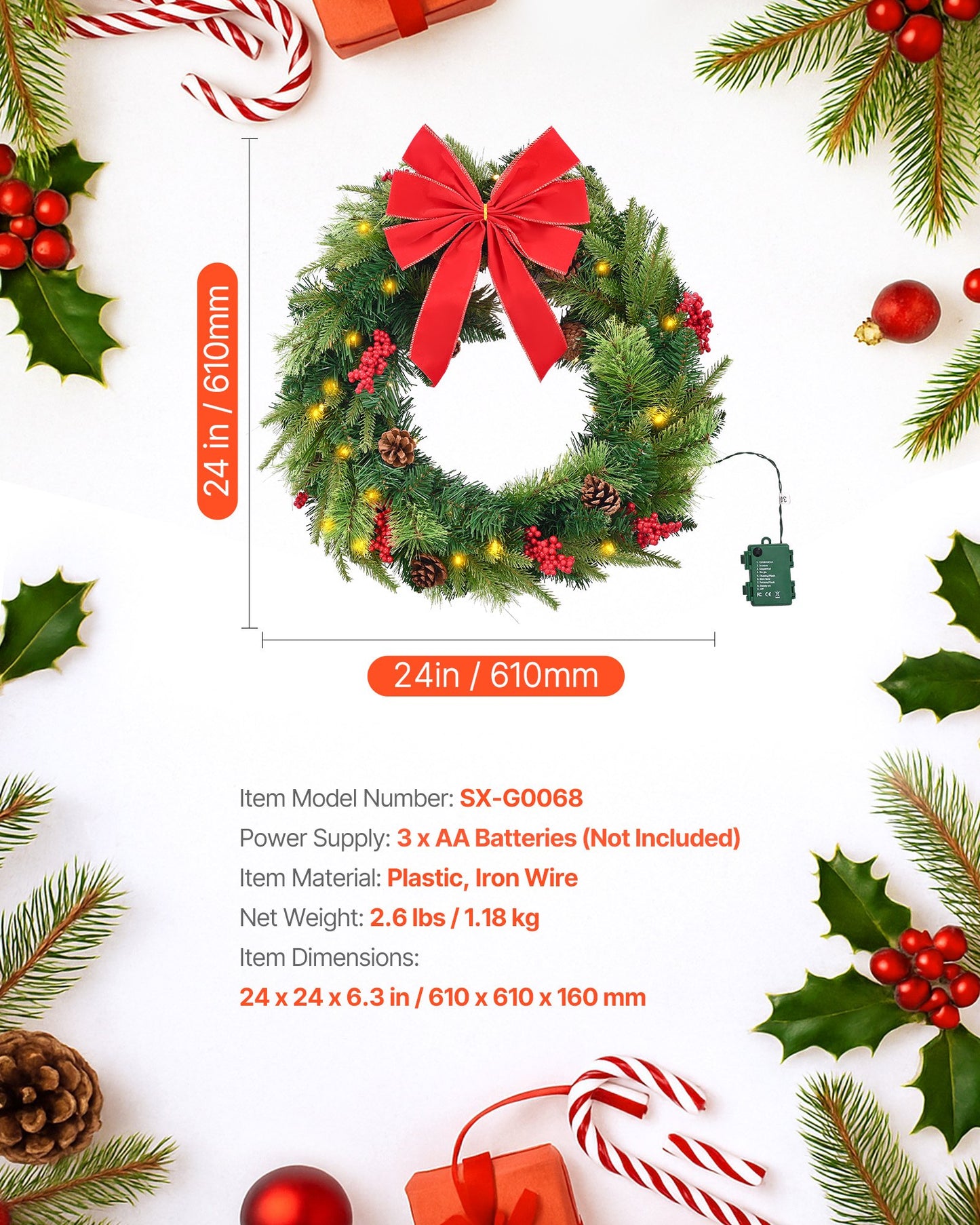 Christmas Wreath, 24 Inches Pre-Lit Artificial Christmas Wreath with 50 LED Lights and Timer, Decorated with Pine Cones, Red Berry Clusters, Holly Leaves, Suitable for Fireplace Door Window