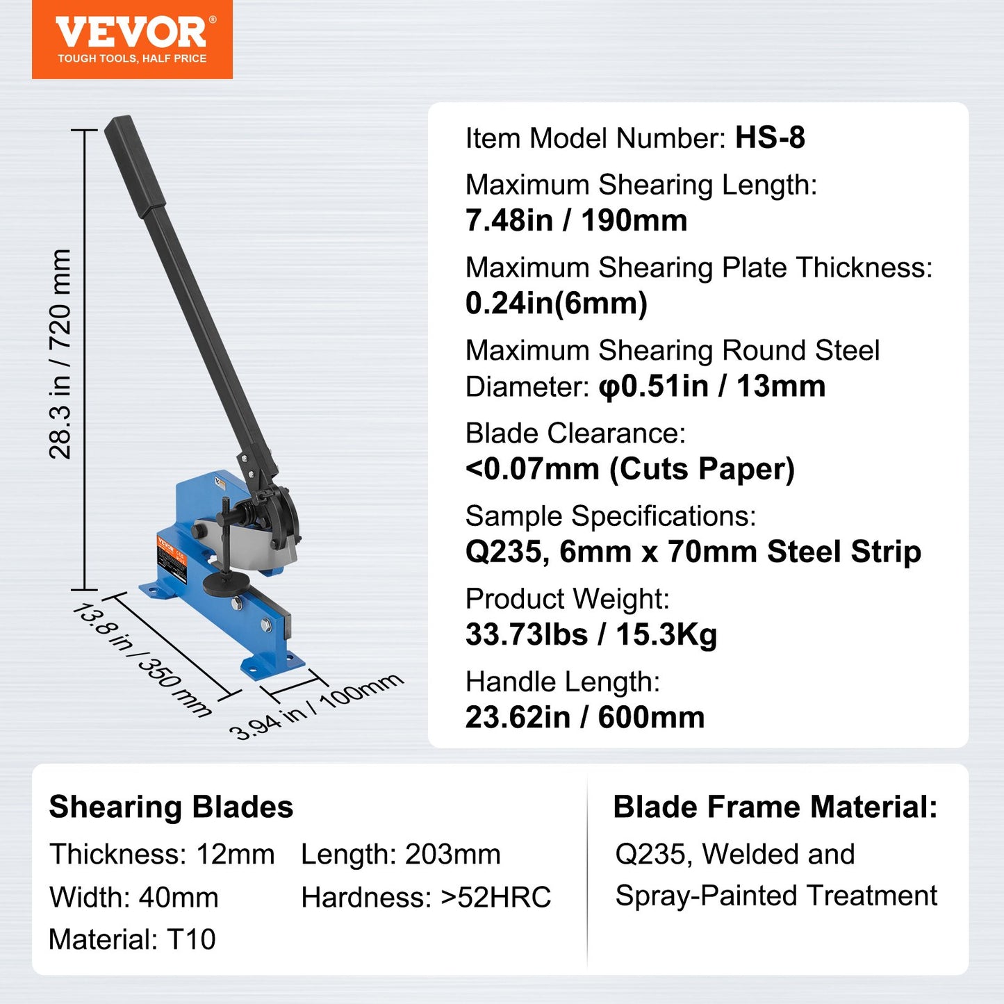 8" Manual Hand Plate Shear for Metal Sheet Processing, HS-8 Benchtop Cutter with Q235 Material, for Crafts Thick Steel Crafting, Heavy Duty Roll Press Machine for Builders, DIY Enthusiasts