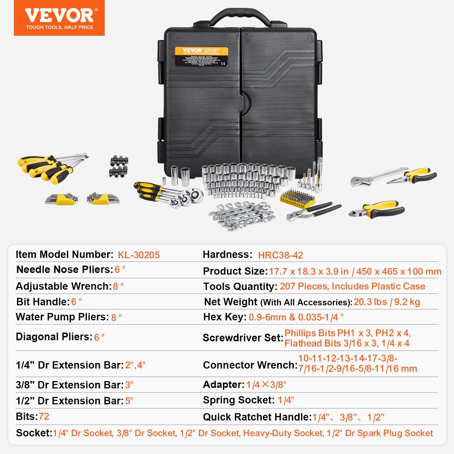 207-Piece Mechanics Tool Set, 1/4" 3/8" 1/2" Drive Sockets, SAE and Metric Mechanic Tool Kit with Bits, Wrenches, Ratchet Handle, Accessories, and Plastic Storage Case, for Automotive Repair