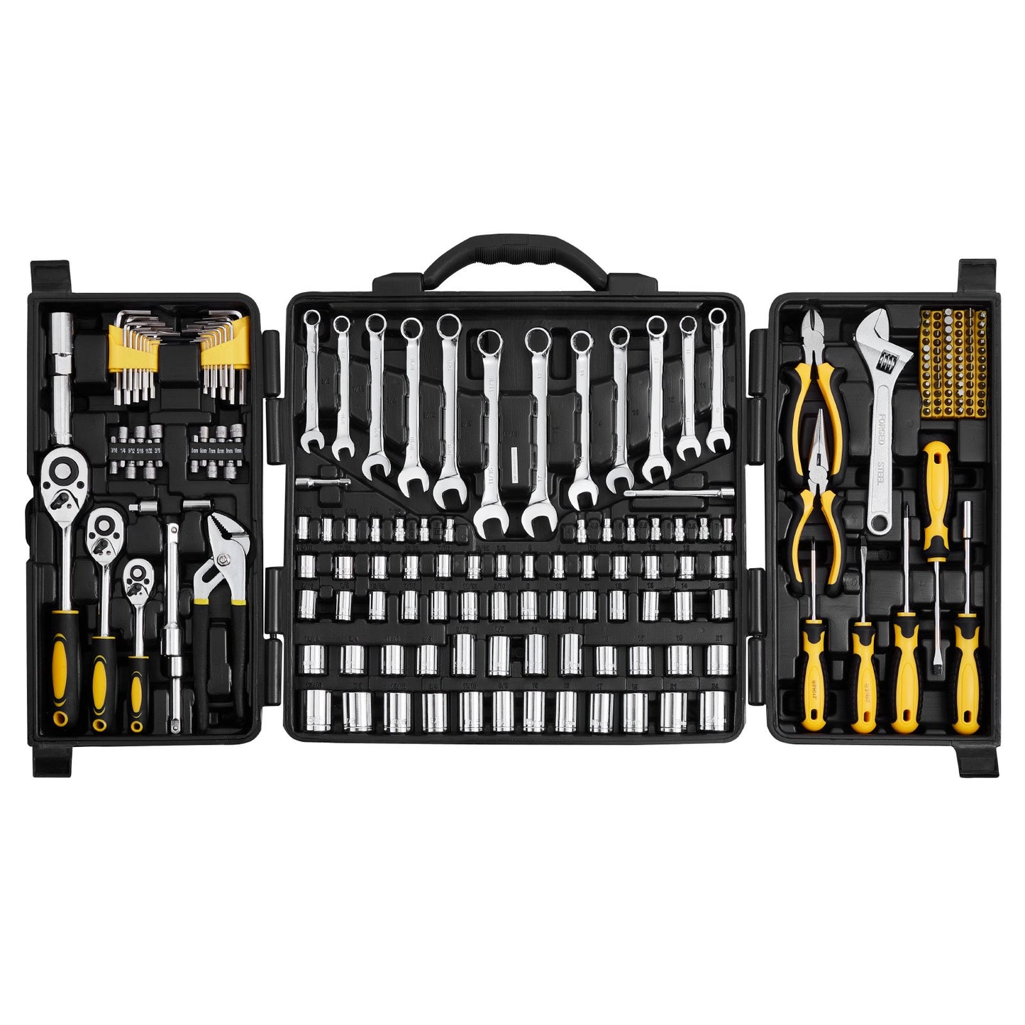 207-Piece Mechanics Tool Set, 1/4" 3/8" 1/2" Drive Sockets, SAE and Metric Mechanic Tool Kit with Bits, Wrenches, Ratchet Handle, Accessories, and Plastic Storage Case, for Automotive Repair