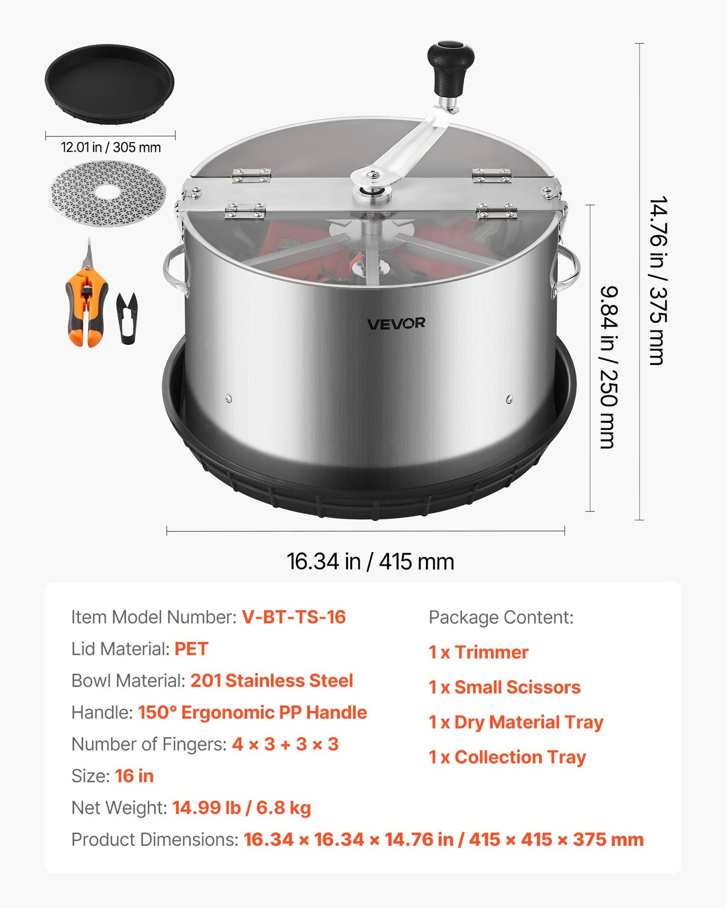 Manual Bud Leaf Trimmer, 16 in Reaper Bowl Bud Trimmer with Stainless Steel Blades, Visual Cutting, Wet & Dry Hydroponic Cutting Machine with Tray, Twisted Spin Cut for Plant Buds Flowers