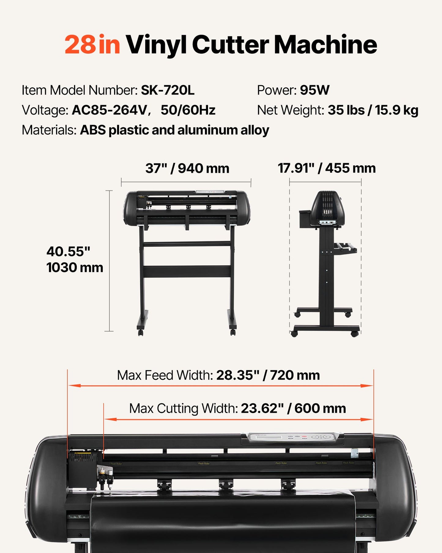 Vinyl Cutter Machine, 28 inch Max Feed Width, Dual Blades, Adjustable Force and Speed, LED Display, Vinyl Plotter Cutter Printer with Signmaster Software for Compatible with Windows and macOS