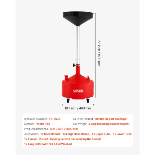 30L spilloljeavtappningstank, industriell vätskeavtappningstank med justerbar tratthöjd, bärbar oljetråg med hjul, dränering av vätskebränsle för bilverkstäder, garage, röd | EU