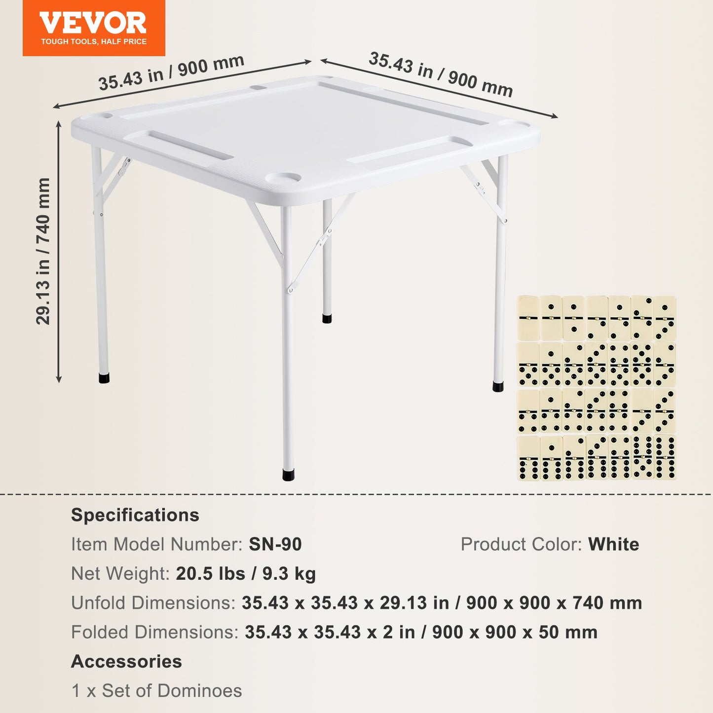 Mahjong Table, Square 4 Player Folding Card Table with 4 Cup Holders & 4 Chip Trays, Portable Domino Game Table with 1 Set of Dominoes for Mahjong Poker Puzzles, 35.4 x 35.4-inch, White