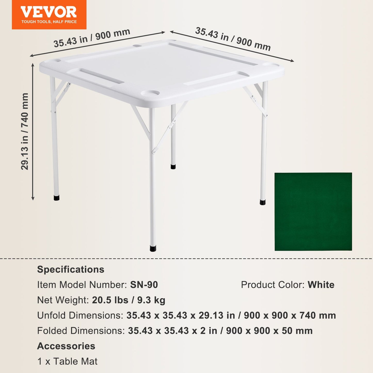 Mahjong Table, 4 Player Folding Domino Table with Wear-Resistant Green Tabletop, Portable Square Card Table with 4 Cup Holders & 4 Chip Trays for Mahjong Poker Puzzles, 35.4 x 35.4-inch