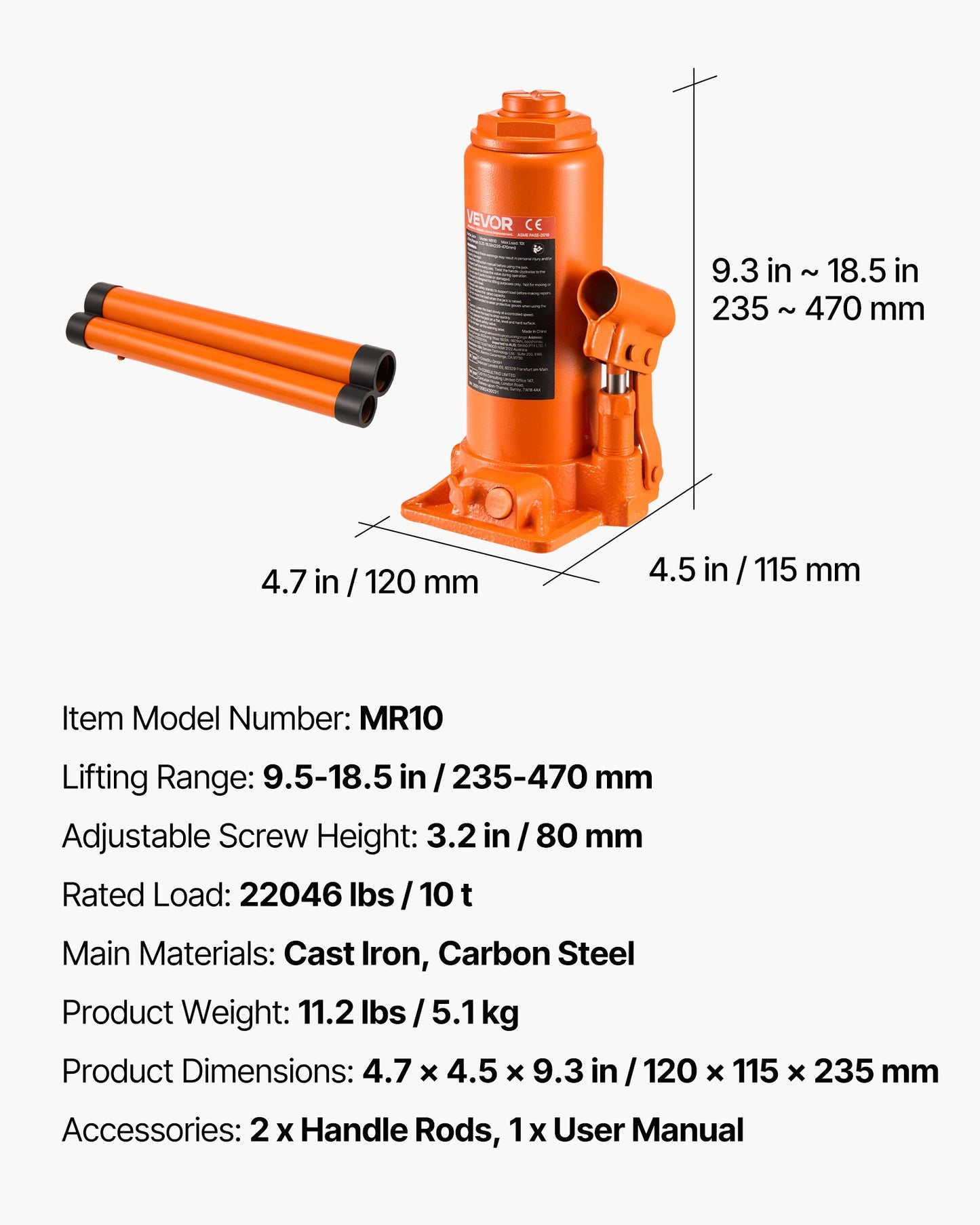 Hydraulic Bottle Jack, 10 Ton (22046 lbs) Capacity, 9.3-18.5 Inch Lifting Range, Heavy Duty Welded Bottle Jack for Car, SUV, Pickup, Auto Repair, House Lift and Agricultural Equipment, Orange