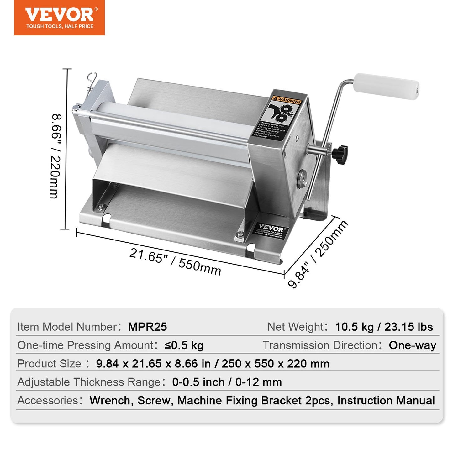 Manual Dough Sheeter Machine Max 1/2" Dough Roller Pastry Press Machine