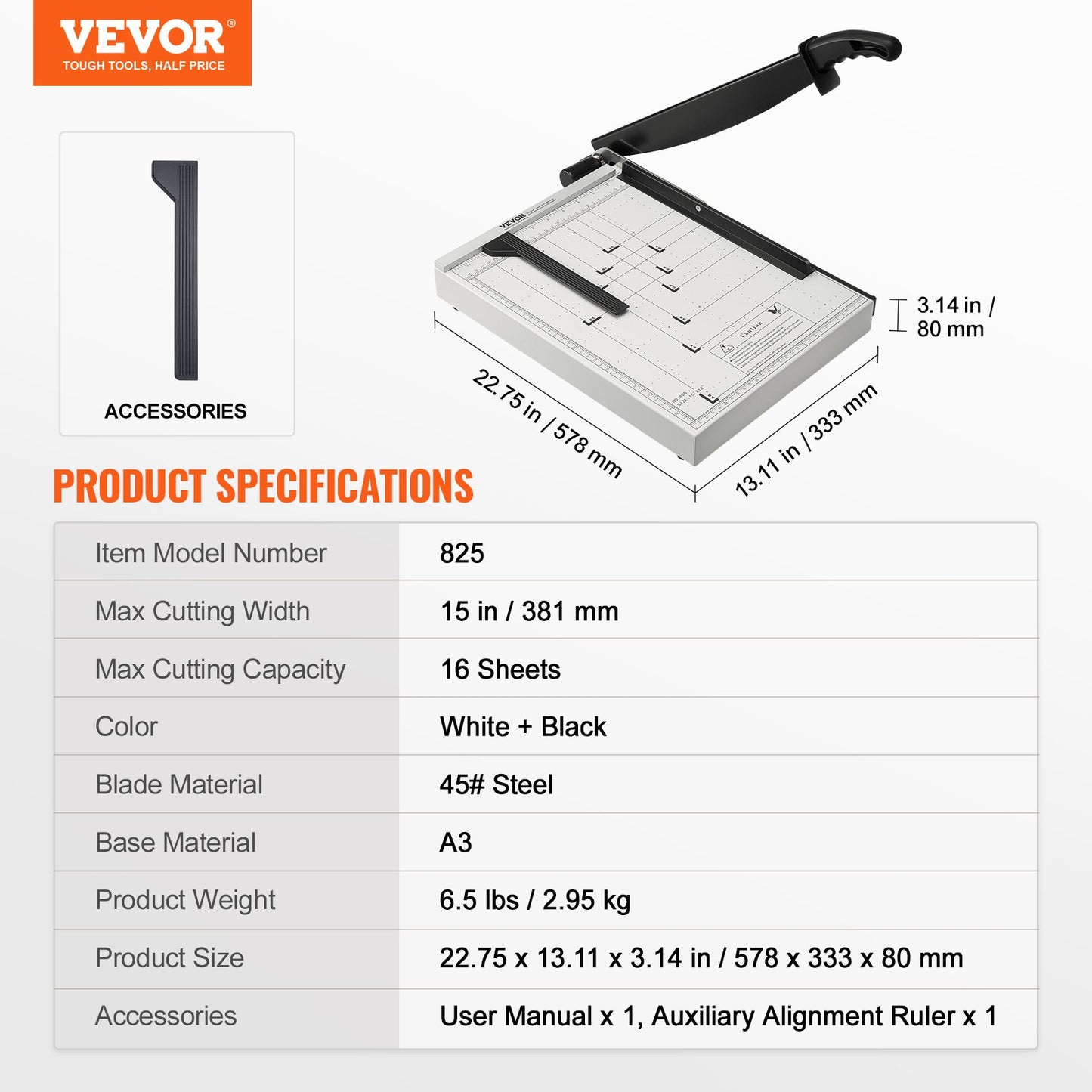 Paper Cutter, Guillotine Trimmer, 15" Cut Length, 16 Sheets Capacity, Heavy Duty Guillotine Paper Cutter with Guard Rail/Blade Lock for Cardstock/Cardboard, Paper Trimmer for Home Office School