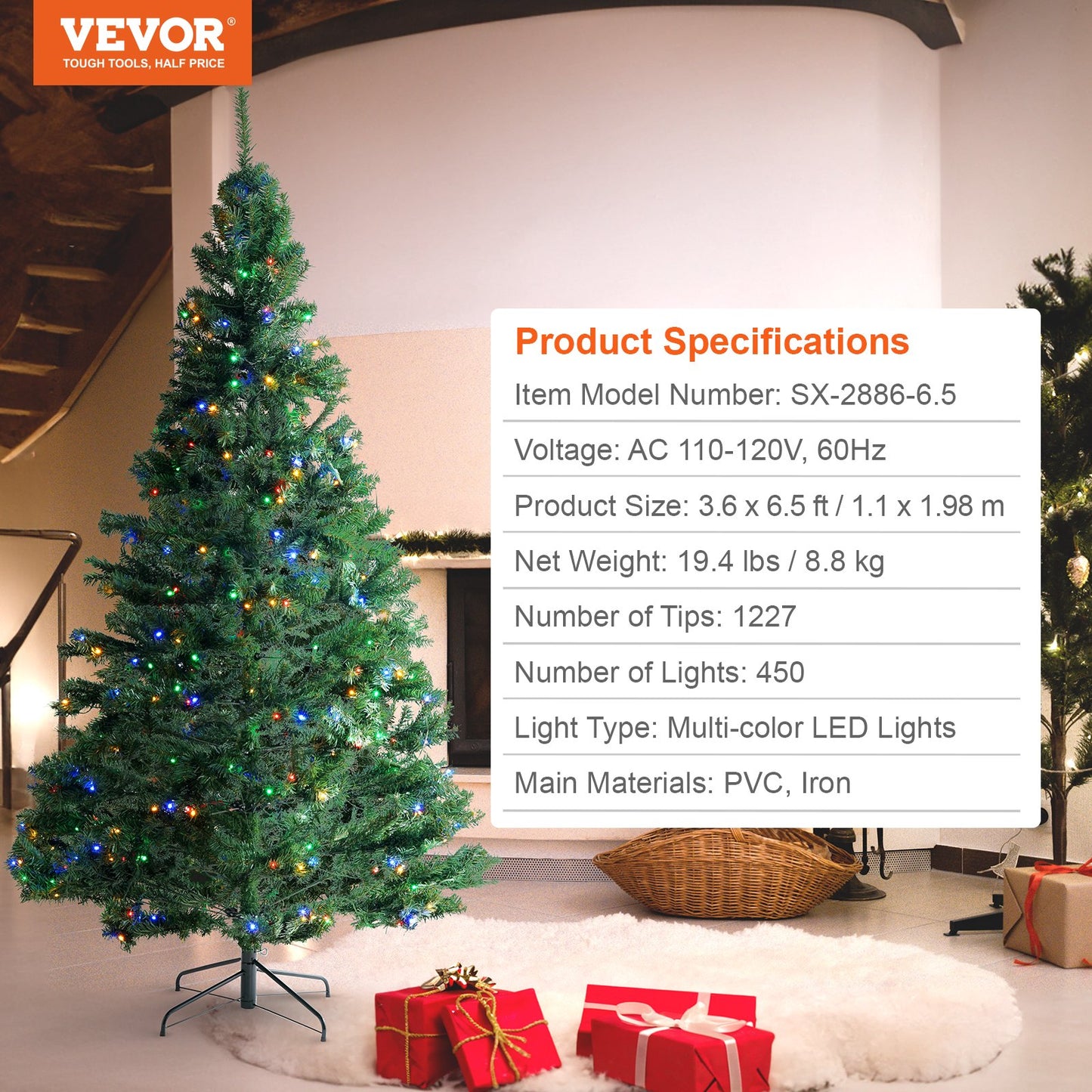 Christmas Tree, 6.5ft Prelit Artificial Xmas Tree, Full Holiday Decor Tree with 450 Multi-Color LED Lights, 1227 Branch Tips, Metal Base for Home Party Office Decoration Tested to UL Standards