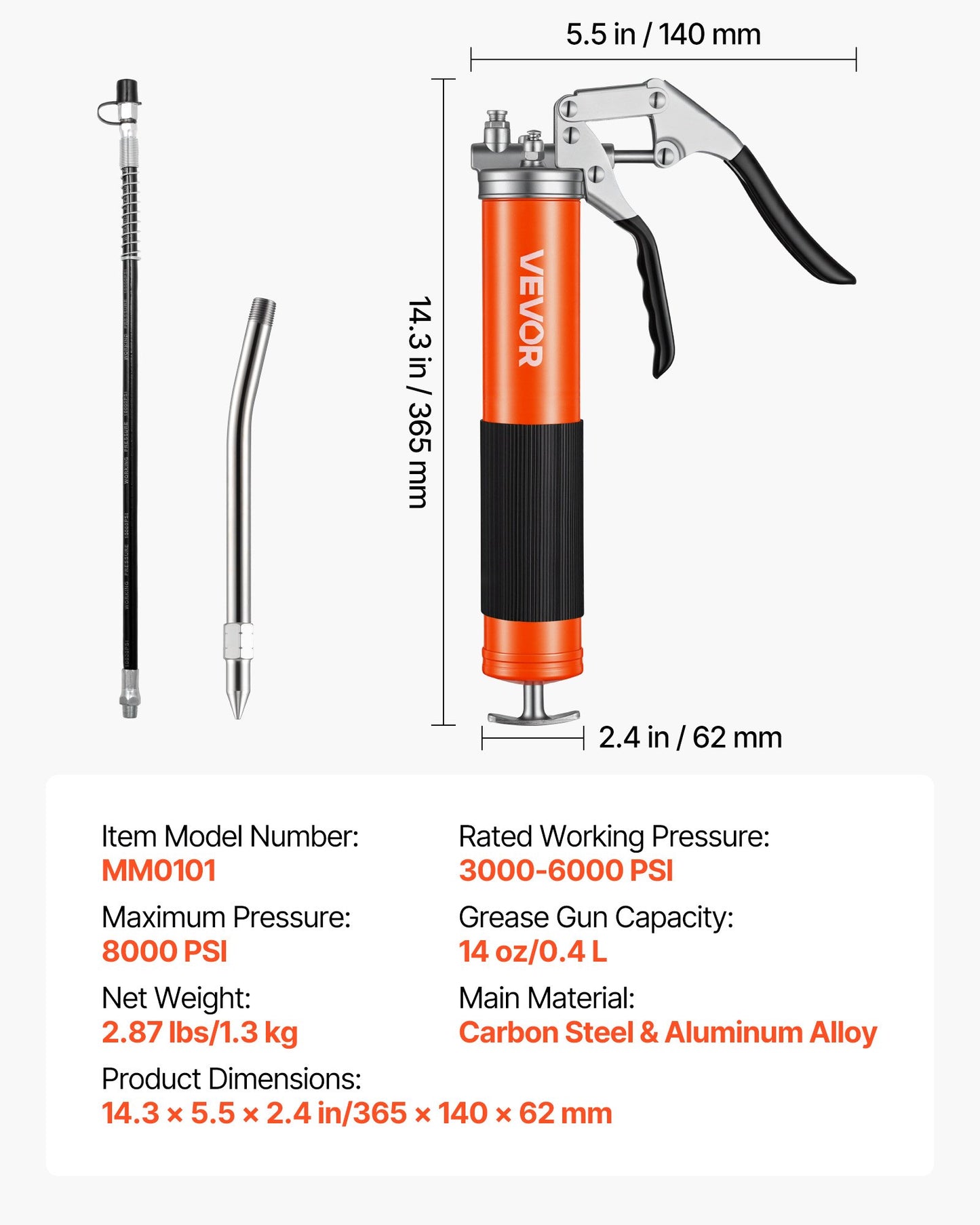Grease Gun, 8000 PSI High Pressure, Heavy Duty Pistol Grip Grease Gun Kit with 14 oz Capacity, Includes 18-Inch Flex Hose, 1 Extension Rigid Pipe and 1 Sharp Type Nozzle for Automotive, Marine
