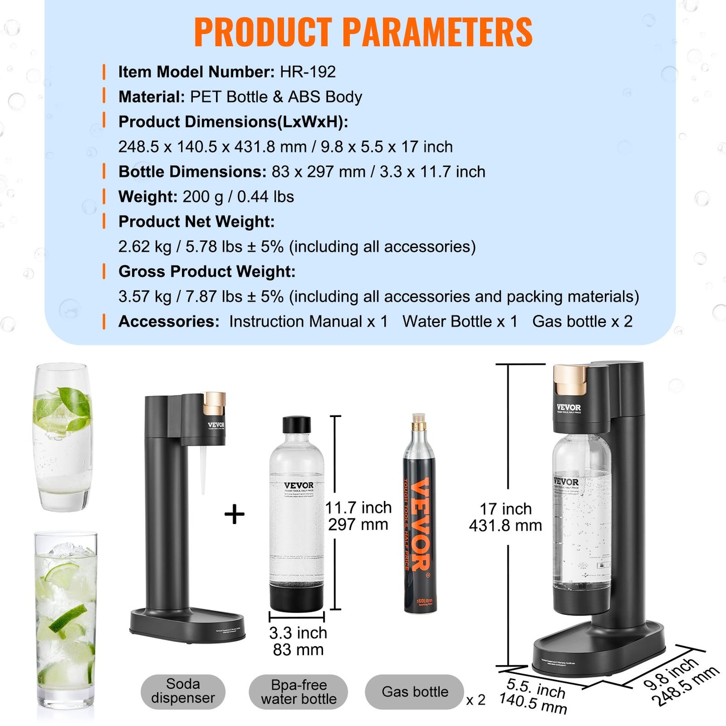 Sparkling Water Maker, Soda Maker Machine for Home Carbonating, Seltzer Water Starter Kit with BPA-free 1L PET Bottle, 2 CO2 Cylinders, Compatible with Mainstream Screw-in 60L CO2 Cylinder