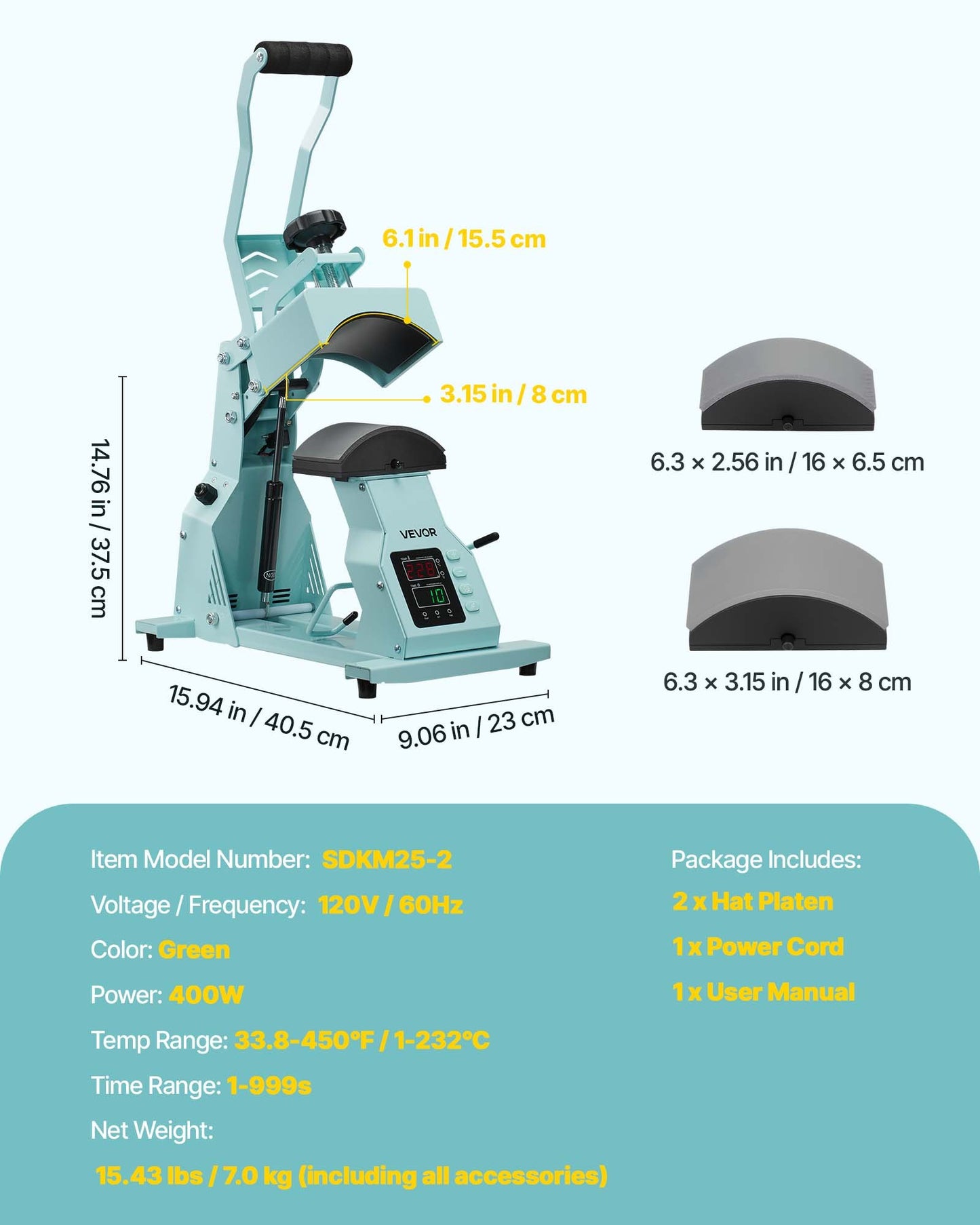 Hat Heat Press Machine, with 2pcs Interchangeable Platens, Precise Temperature and Time Control, Hat Press for HTV Iron On and Sublimation Projects, for Caps, Headbands, Cuffs, Face Masks, Green